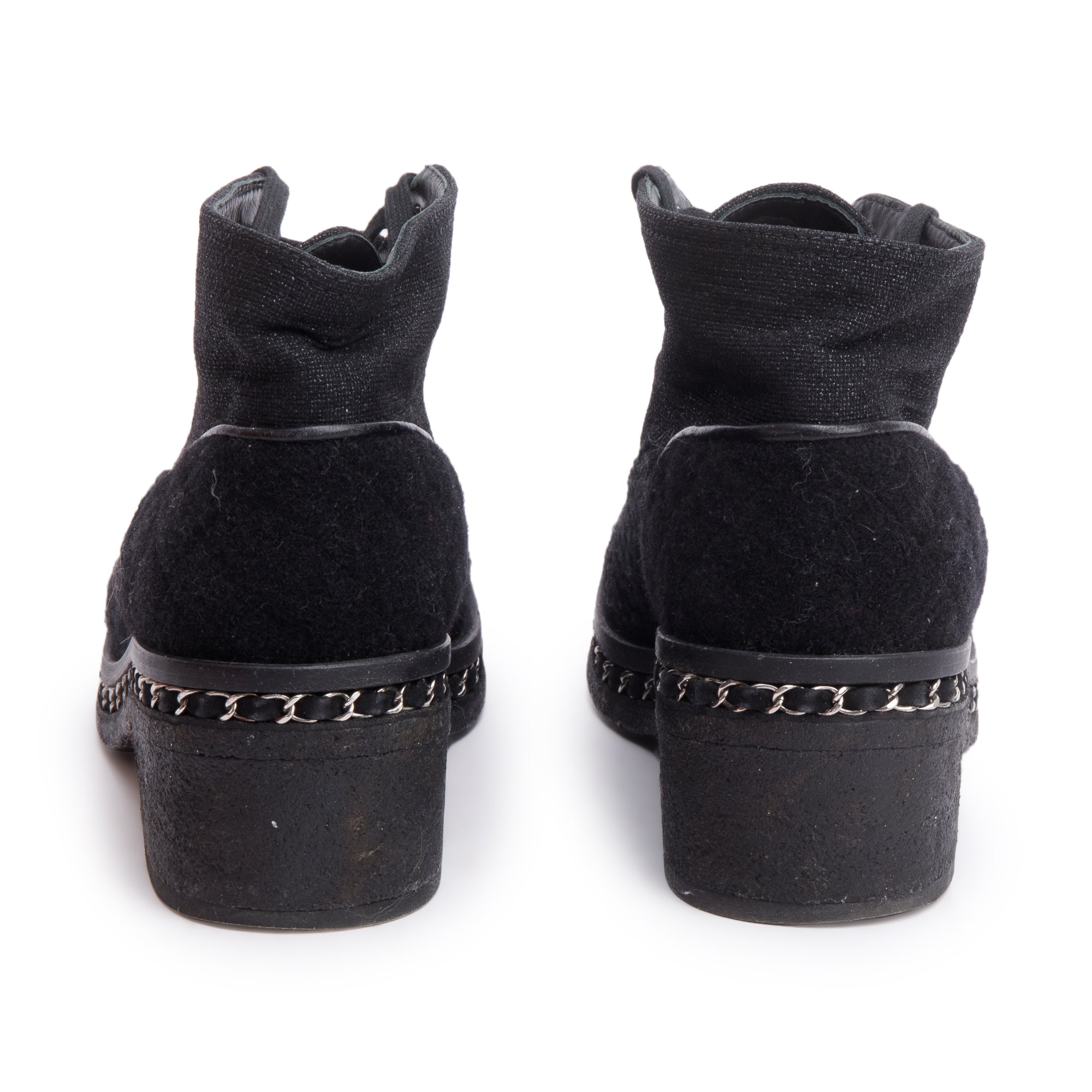 Chanel Black Suede Tweed Interlocking CC Logo Combat Boots, Size 42