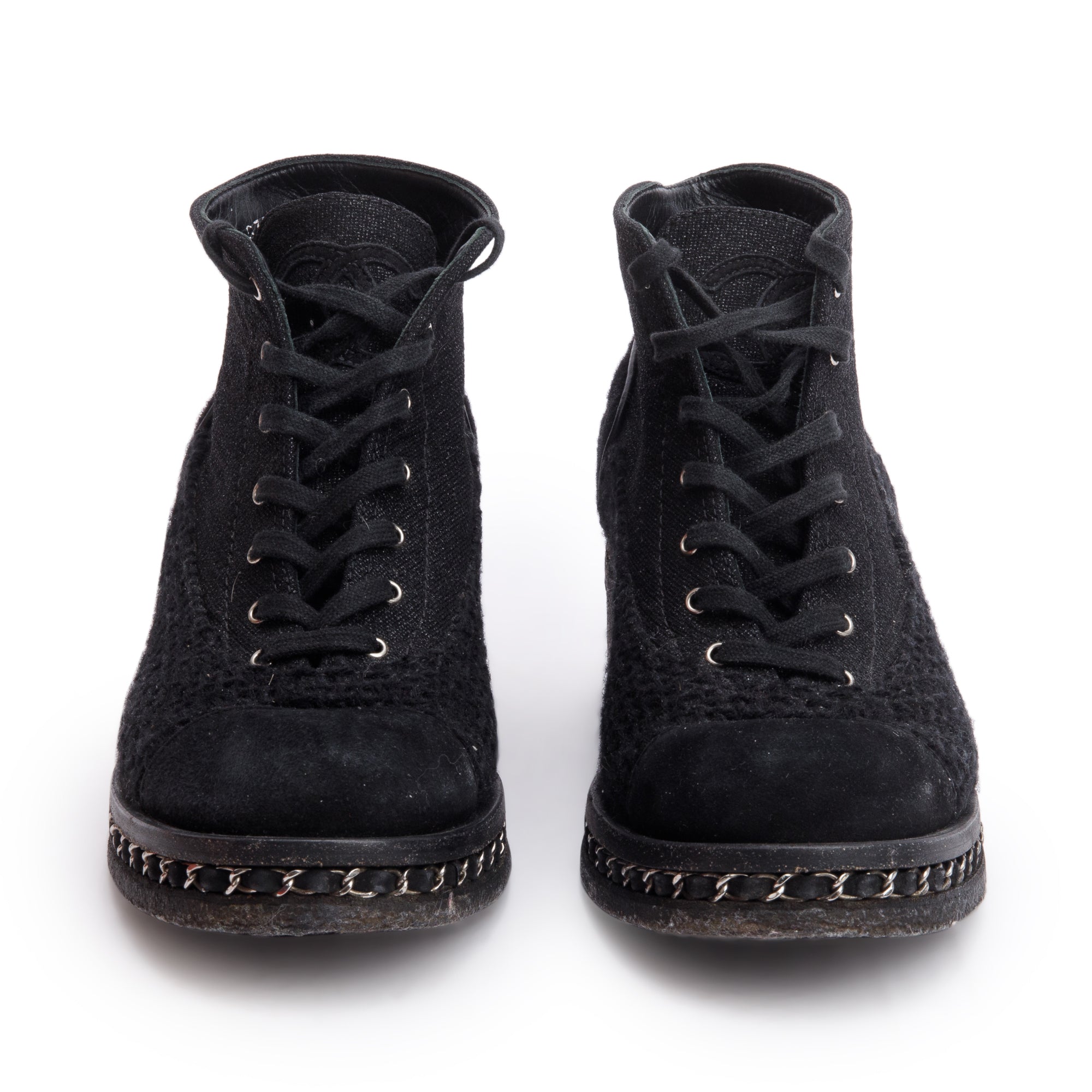 Chanel Black Suede Tweed Interlocking CC Logo Combat Boots, Size 42