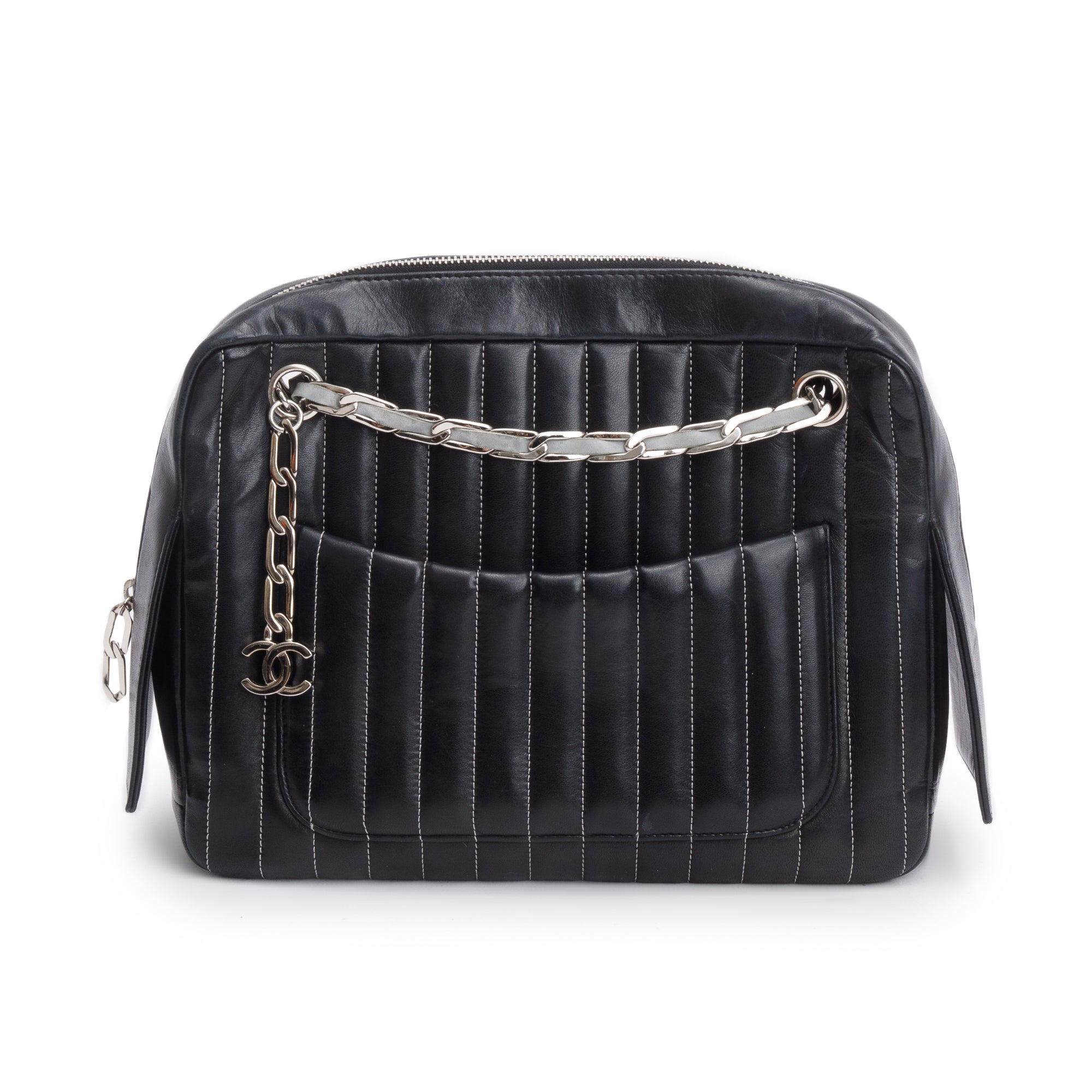 Chanel Black Vertical Quilt Lambskin Leather Mademoiselle Bowling Bag