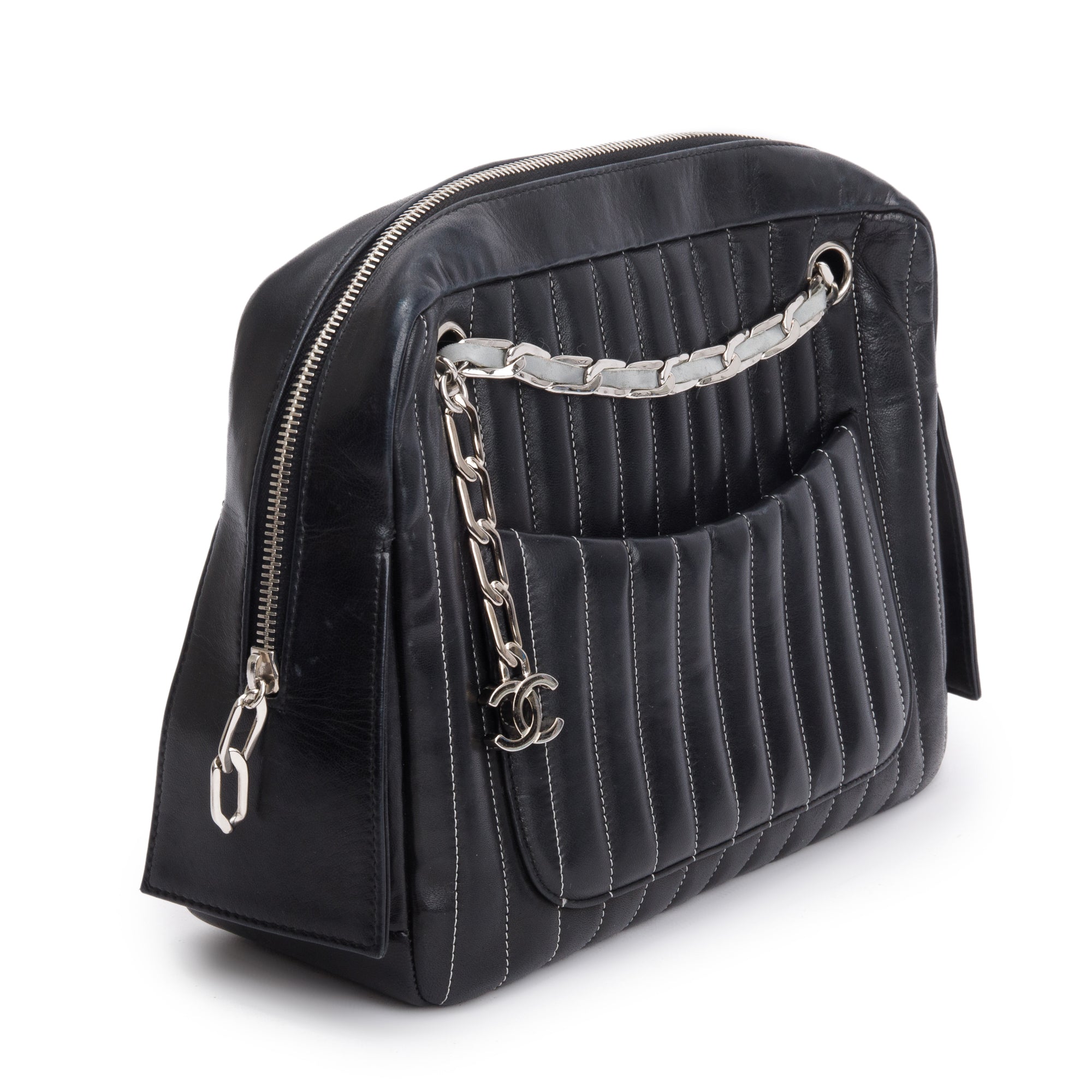 Chanel Black Vertical Quilt Lambskin Leather Mademoiselle Bowling Bag