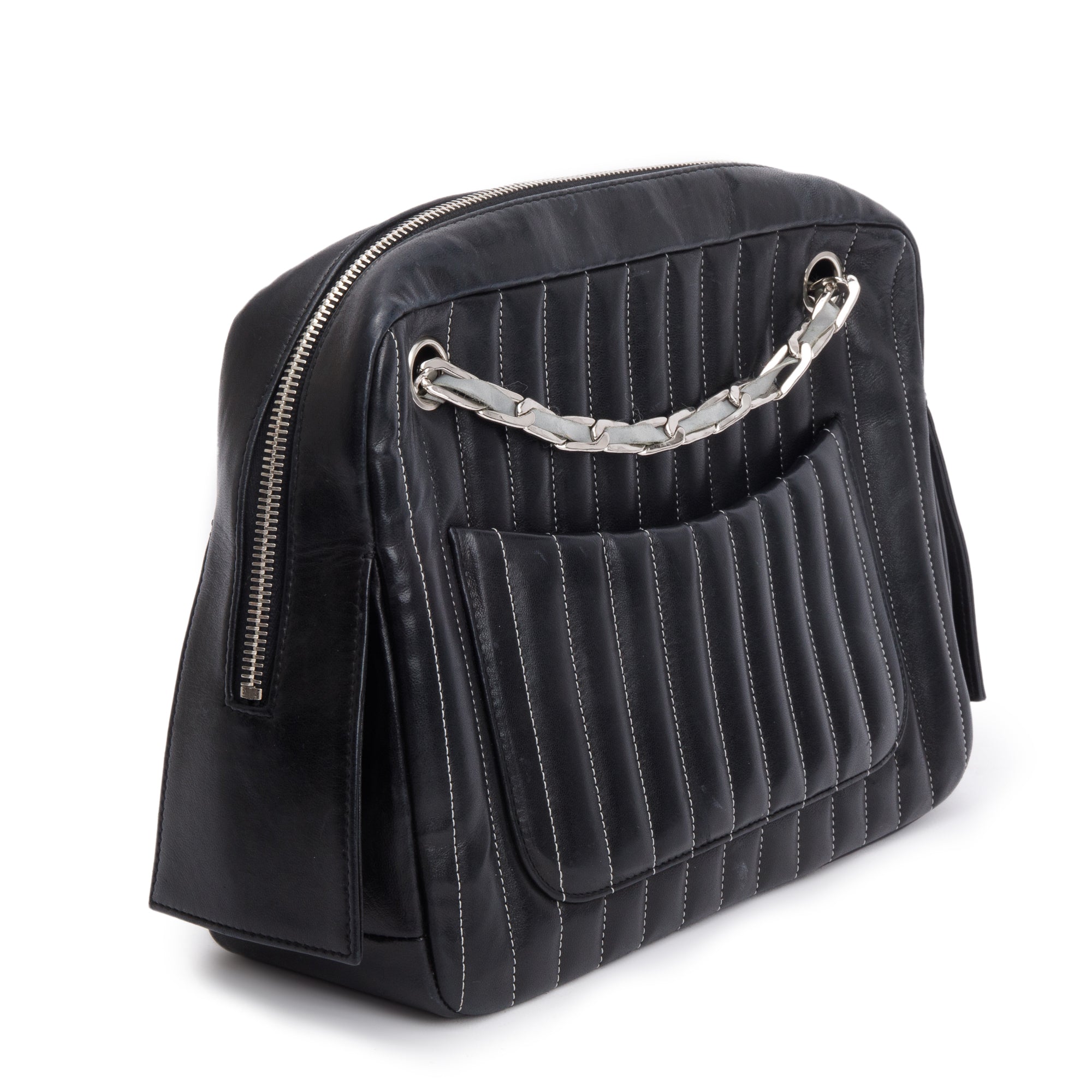 Chanel Black Vertical Quilt Lambskin Leather Mademoiselle Bowling Bag