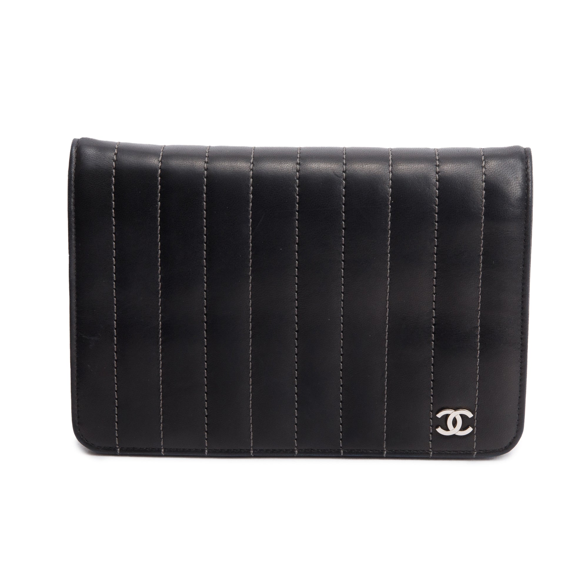 Chanel Black Vertical Quilted Lambskin Leather Wallet on Chain