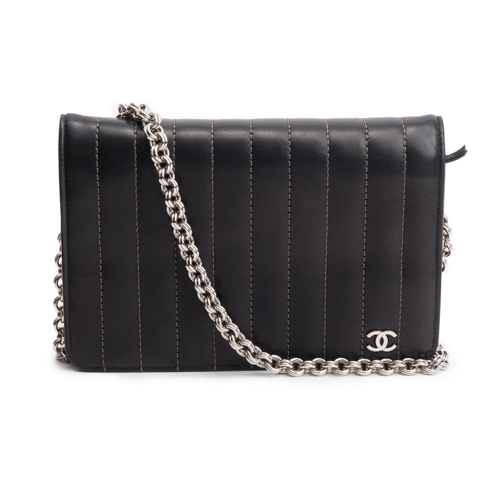 Chanel Black Vertical Quilted Lambskin Leather Wallet on Chain