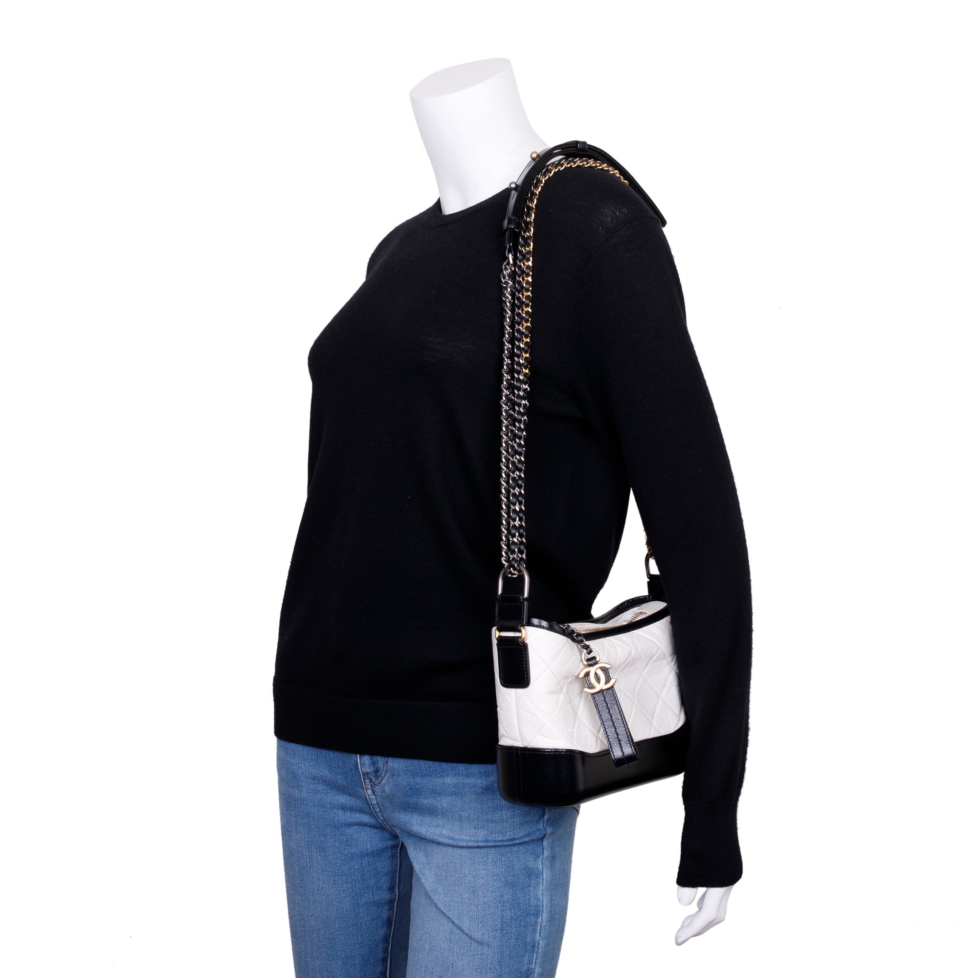 Chanel Black & White Aged Calfskin Leather Small Gabrielle Hobo