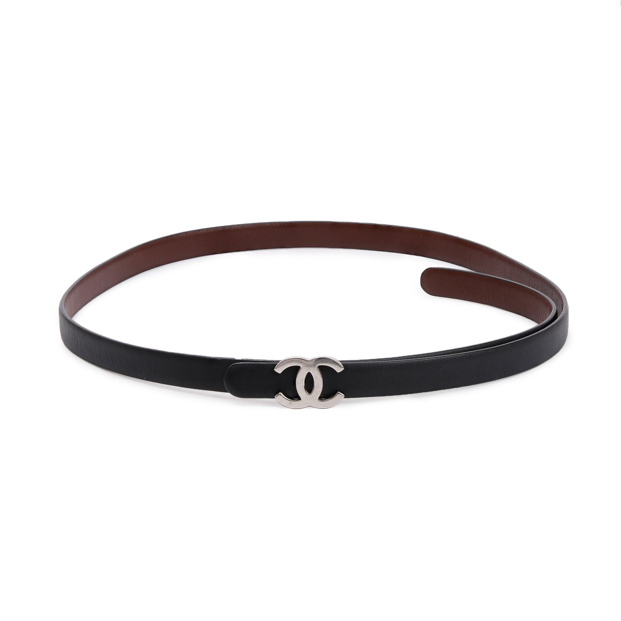 Chanel Black/Burgundy Calfskin Leather Reversible Skinny Belt with CC Buckle
