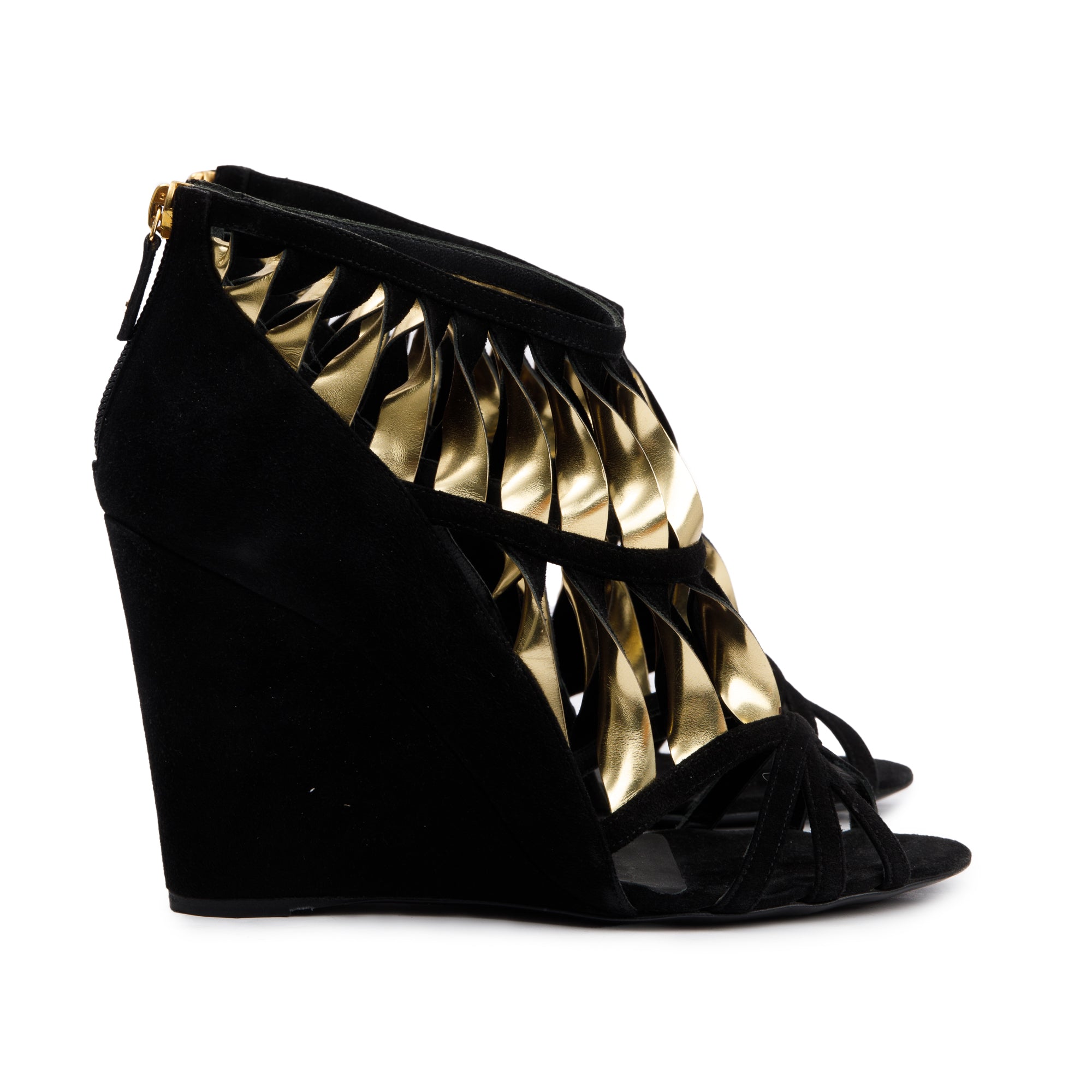 Chanel Black/Gold Suede Leather CC Strappy Wedge Sandals, Size 39 w/ Box