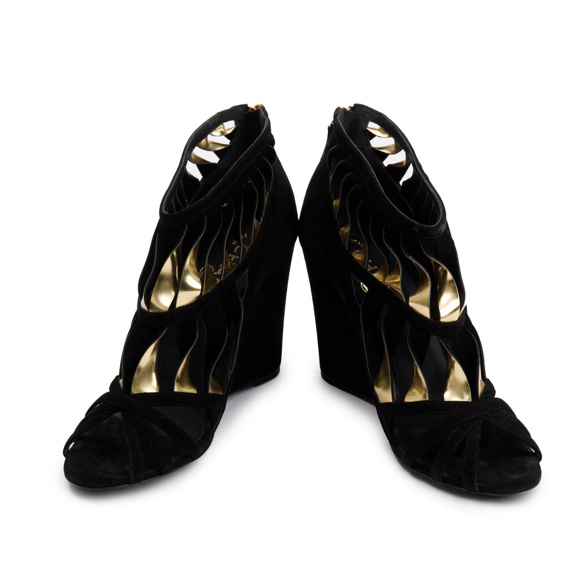 Chanel Black/Gold Suede Leather CC Strappy Wedge Sandals, Size 39 w/ Box