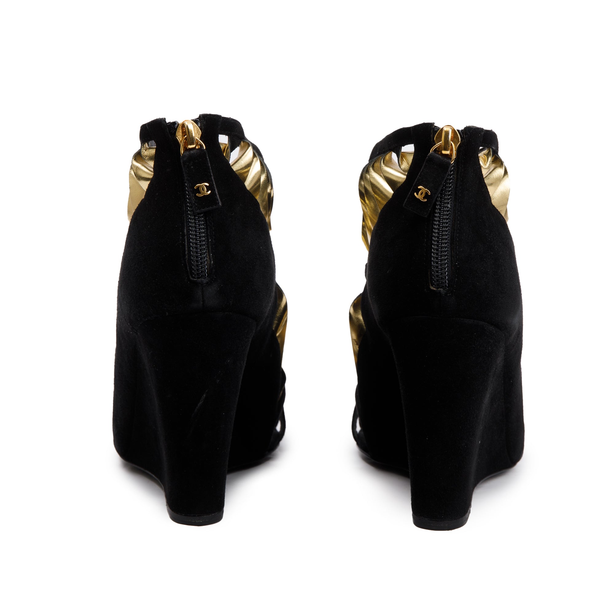 Chanel Black/Gold Suede Leather CC Strappy Wedge Sandals, Size 39 w/ Box