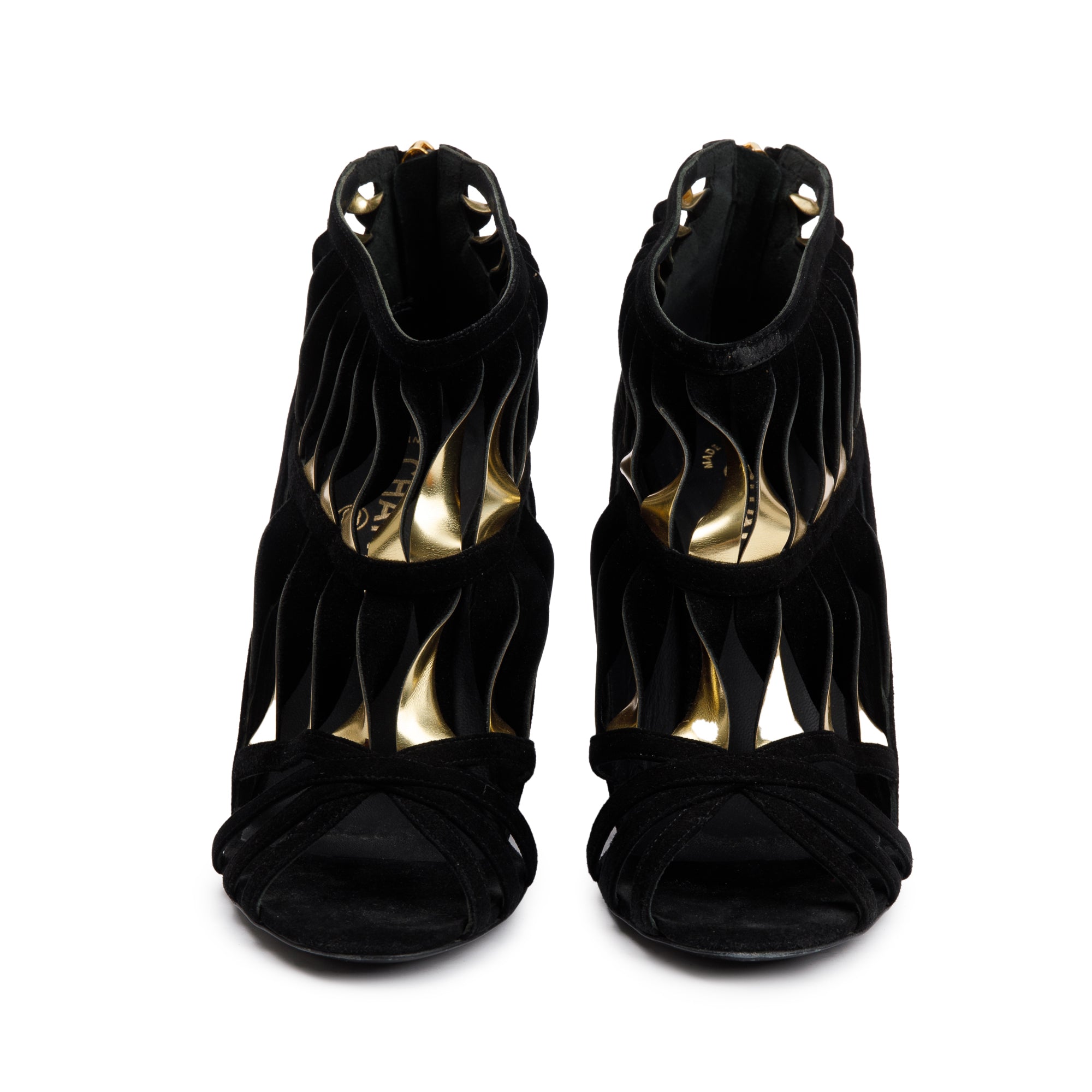 Chanel Black/Gold Suede Leather CC Strappy Wedge Sandals, Size 39 w/ Box