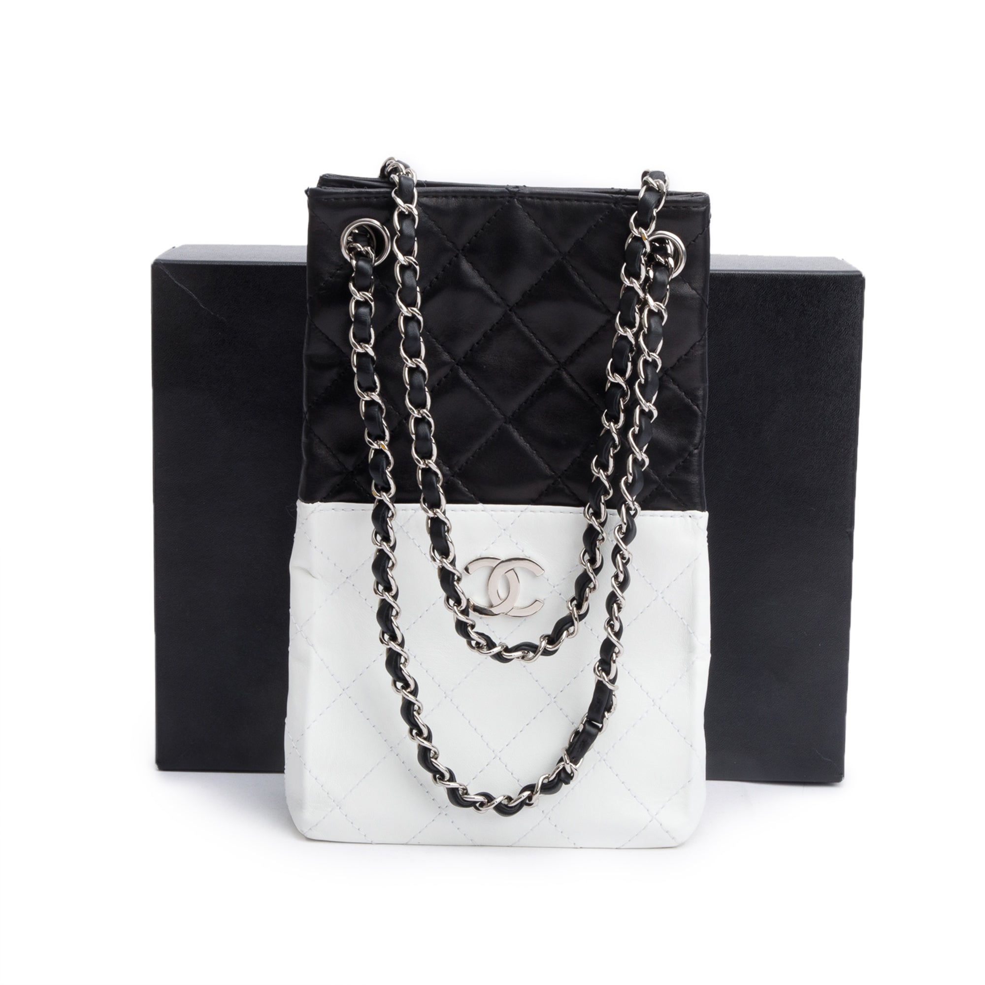 Chanel Black/White Quilted Calfskin Leather Bicolor Vertical Tote w/ Box