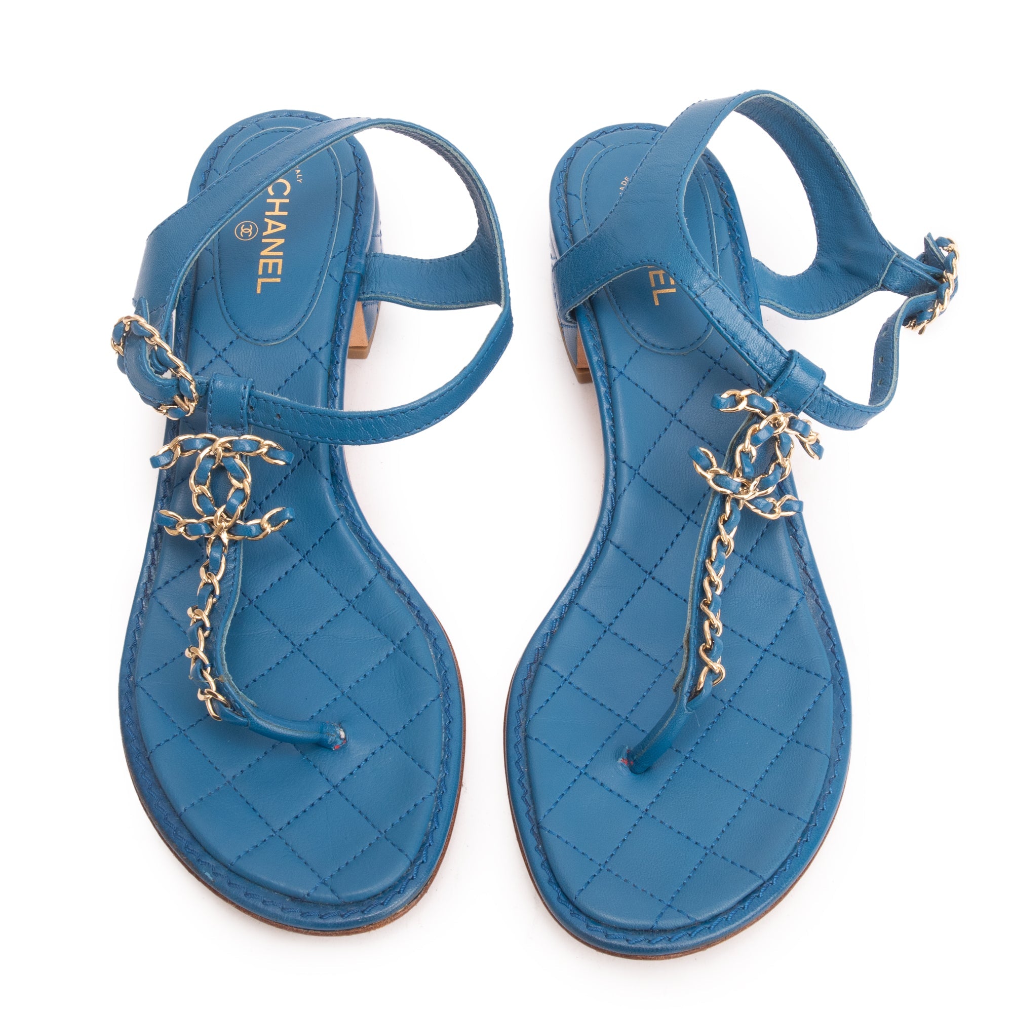 Chanel Blue Calfskin Leather Chain CC T-Strap Sandals, Size 38.5