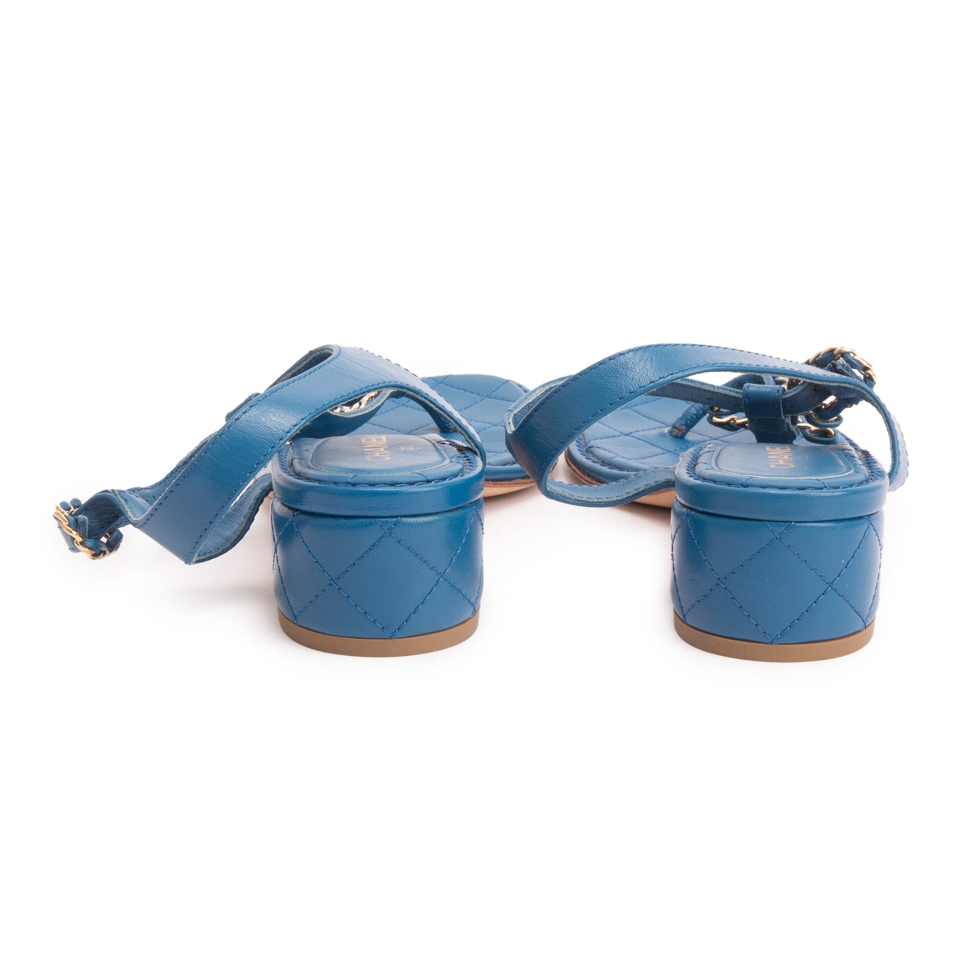 Chanel Blue Calfskin Leather Chain CC T-Strap Sandals, Size 38.5