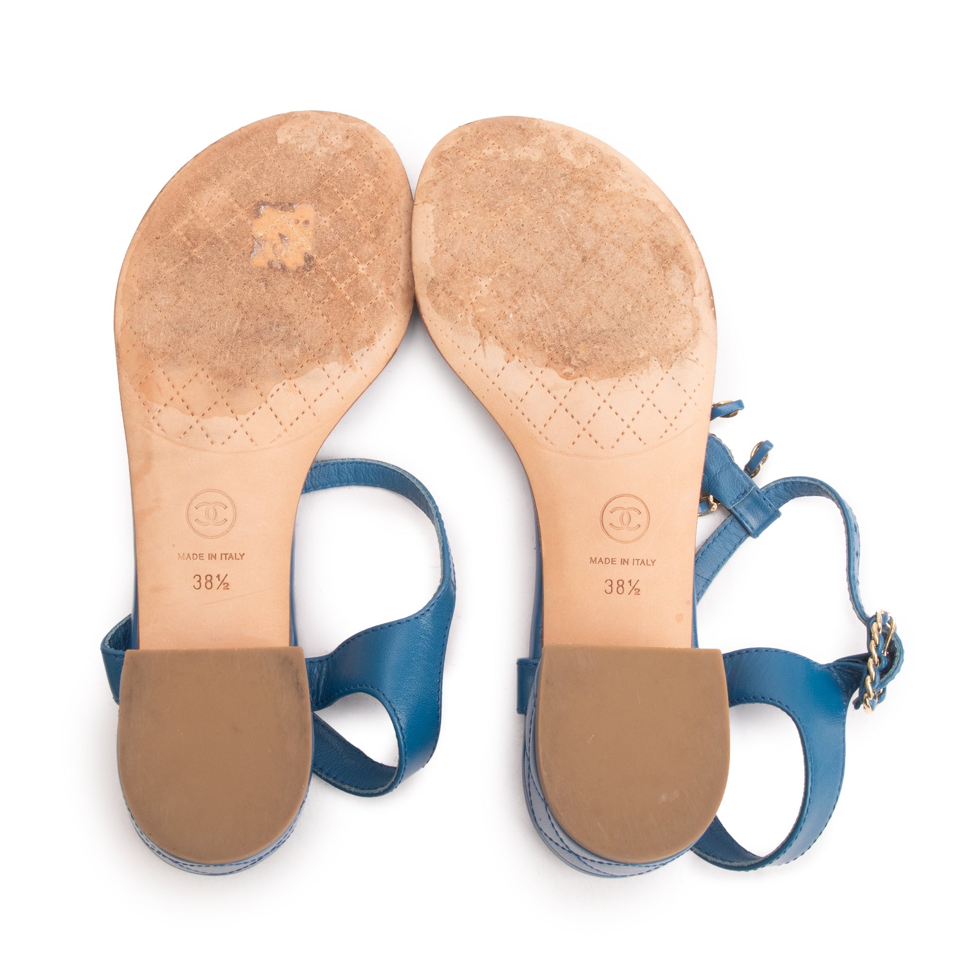 Chanel Blue Calfskin Leather Chain CC T-Strap Sandals, Size 38.5