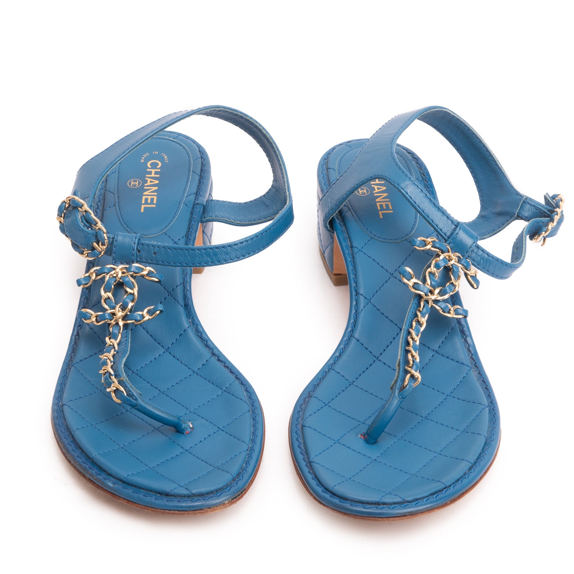 Chanel Blue Calfskin Leather Chain CC T-Strap Sandals, Size 38.5