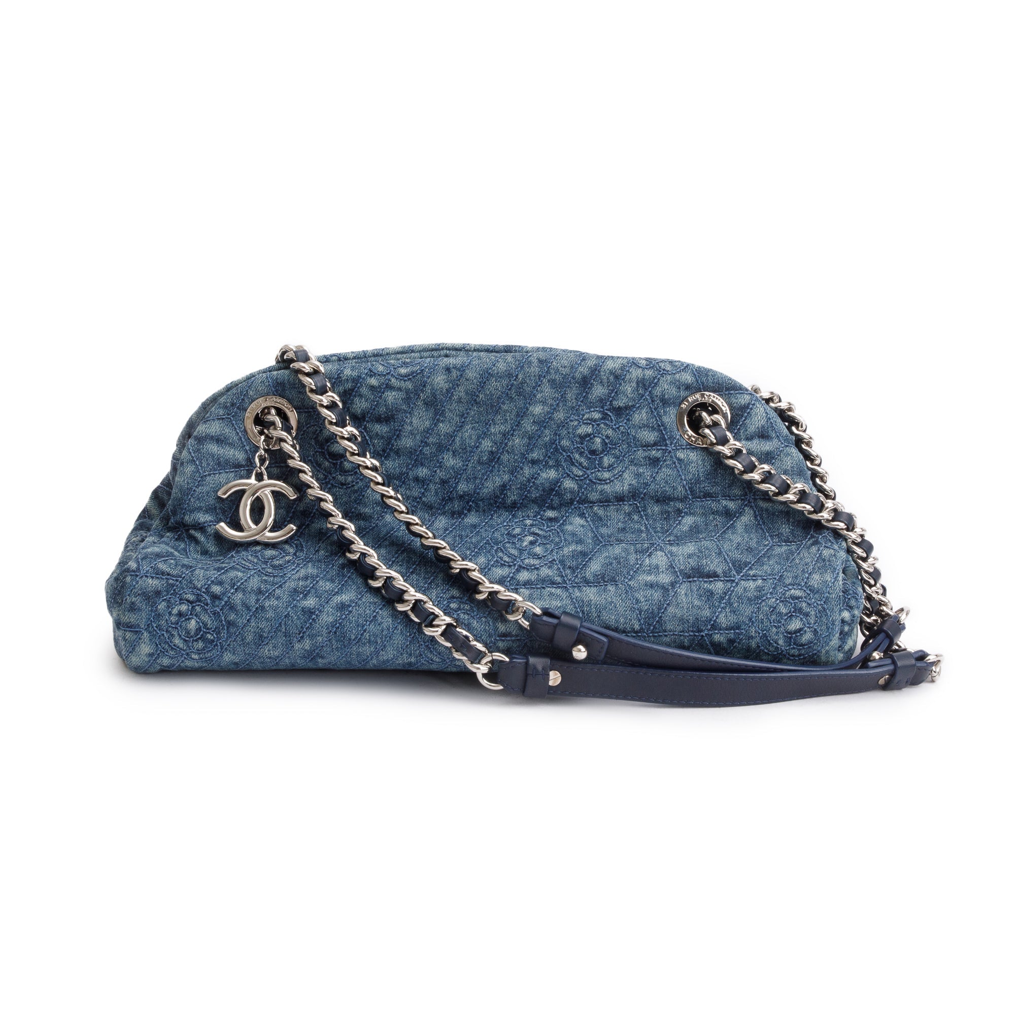 Chanel Blue Camellia Denim Just Mademoiselle Bowler Bag