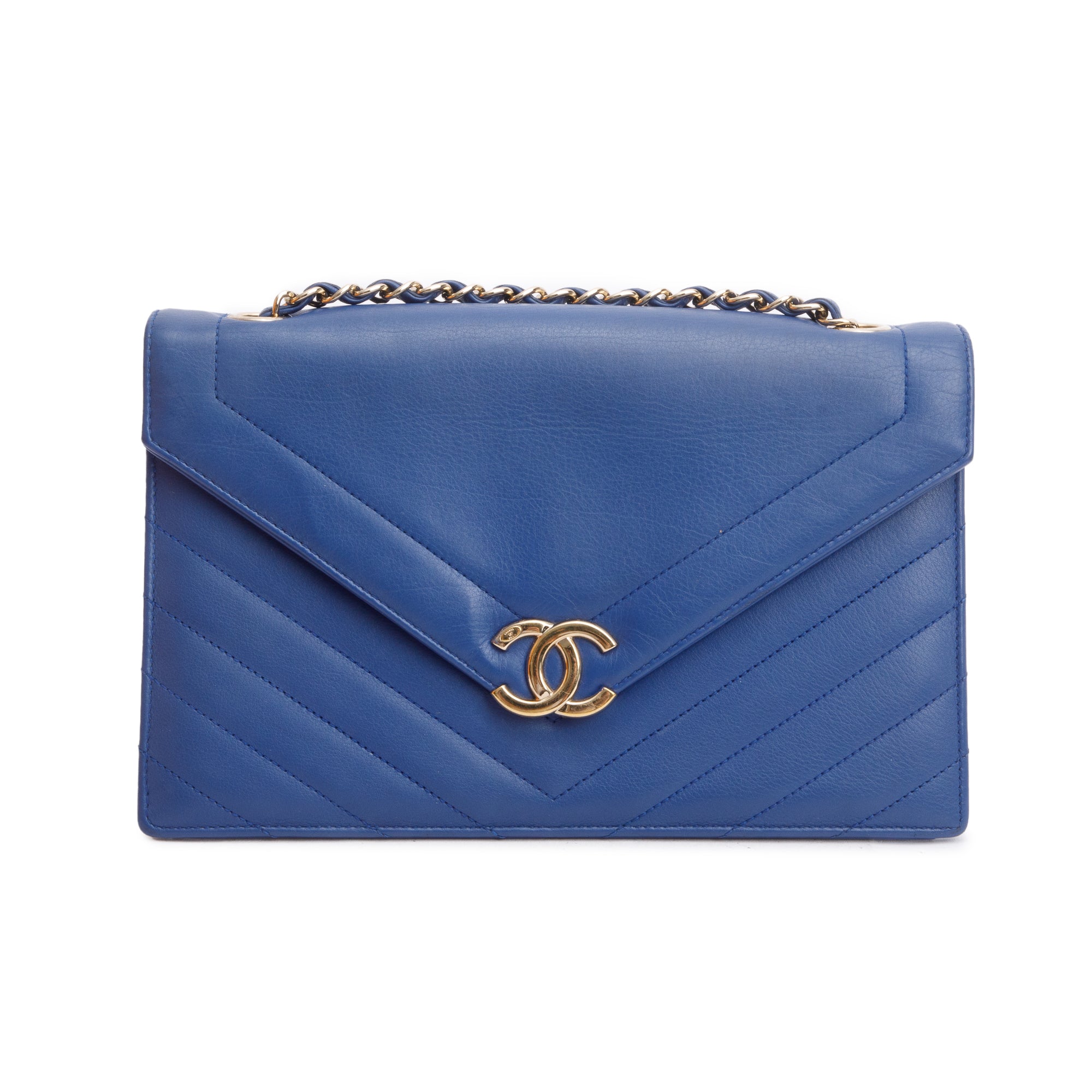 Chanel Blue Chevron Calfskin Leather Coco Envelope Flap Bag w/ Authenticity Card