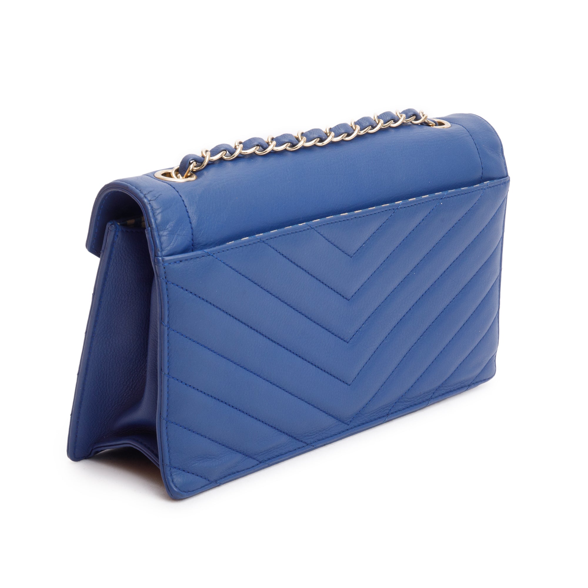 Chanel Blue Chevron Calfskin Leather Coco Envelope Flap Bag w/ Authenticity Card