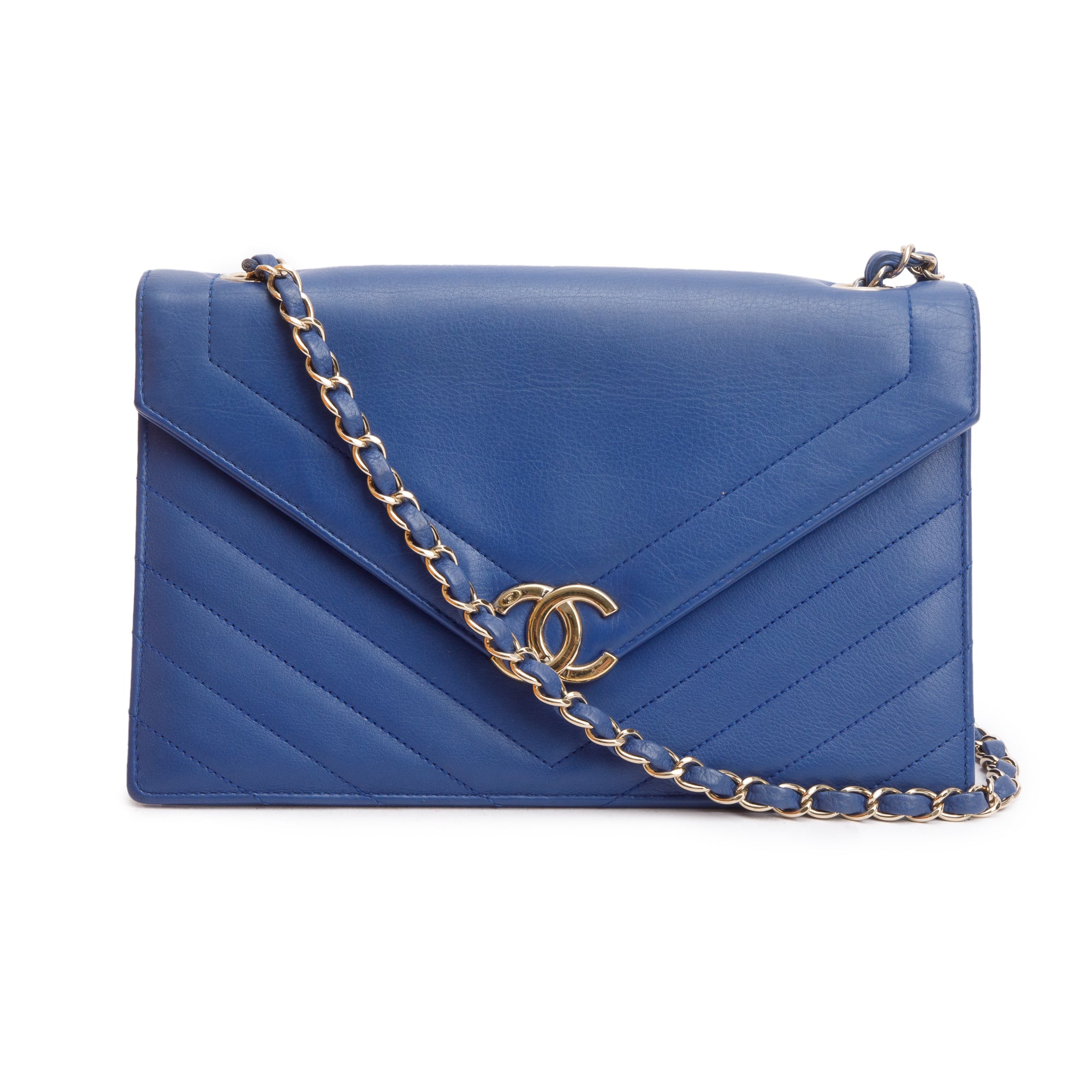 Chanel Blue Chevron Calfskin Leather Coco Envelope Flap Bag w/ Authenticity Card