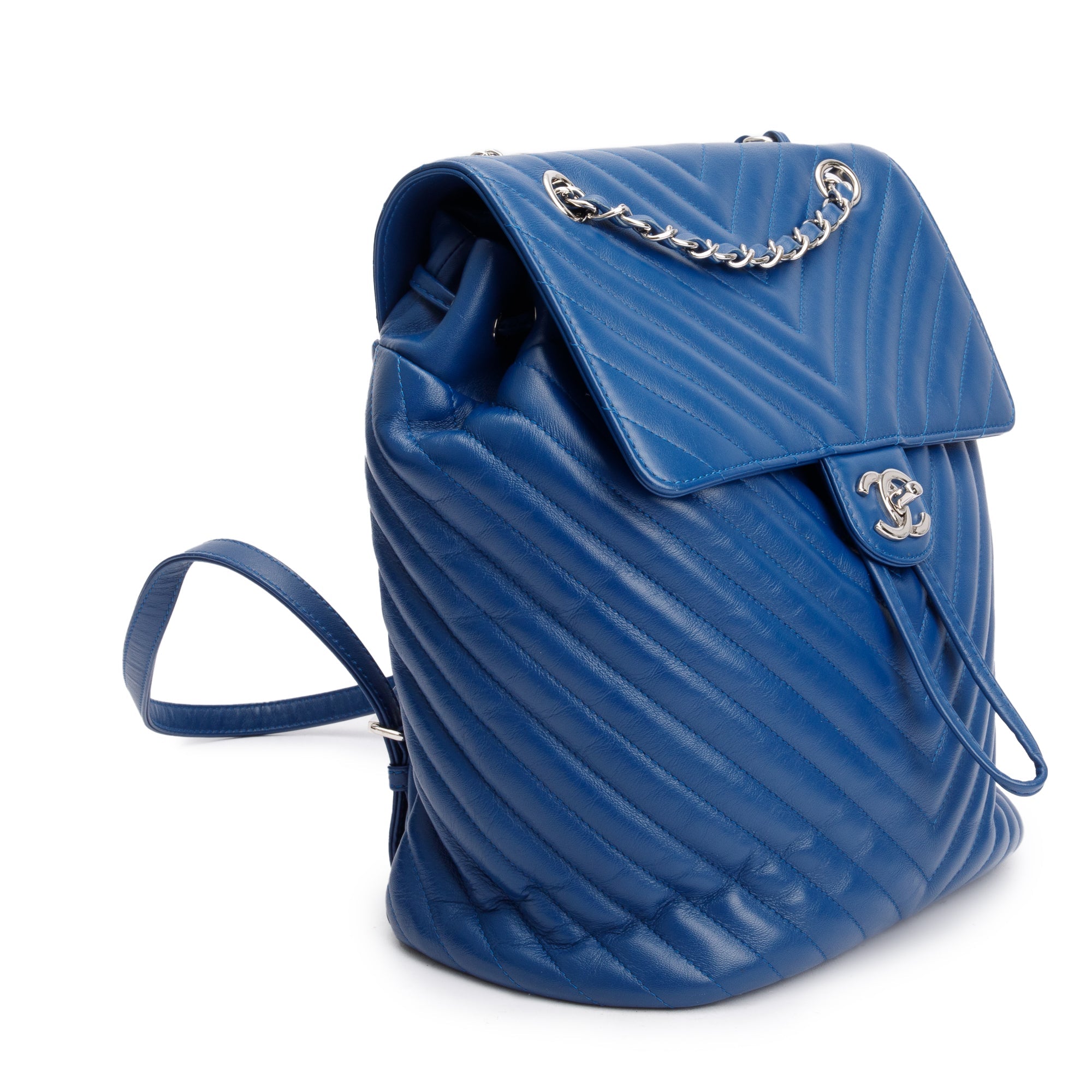 Chanel Blue Chevron Quilted Lambskin Leather Small Urban Spirit Backpack w/ Authenticity Card