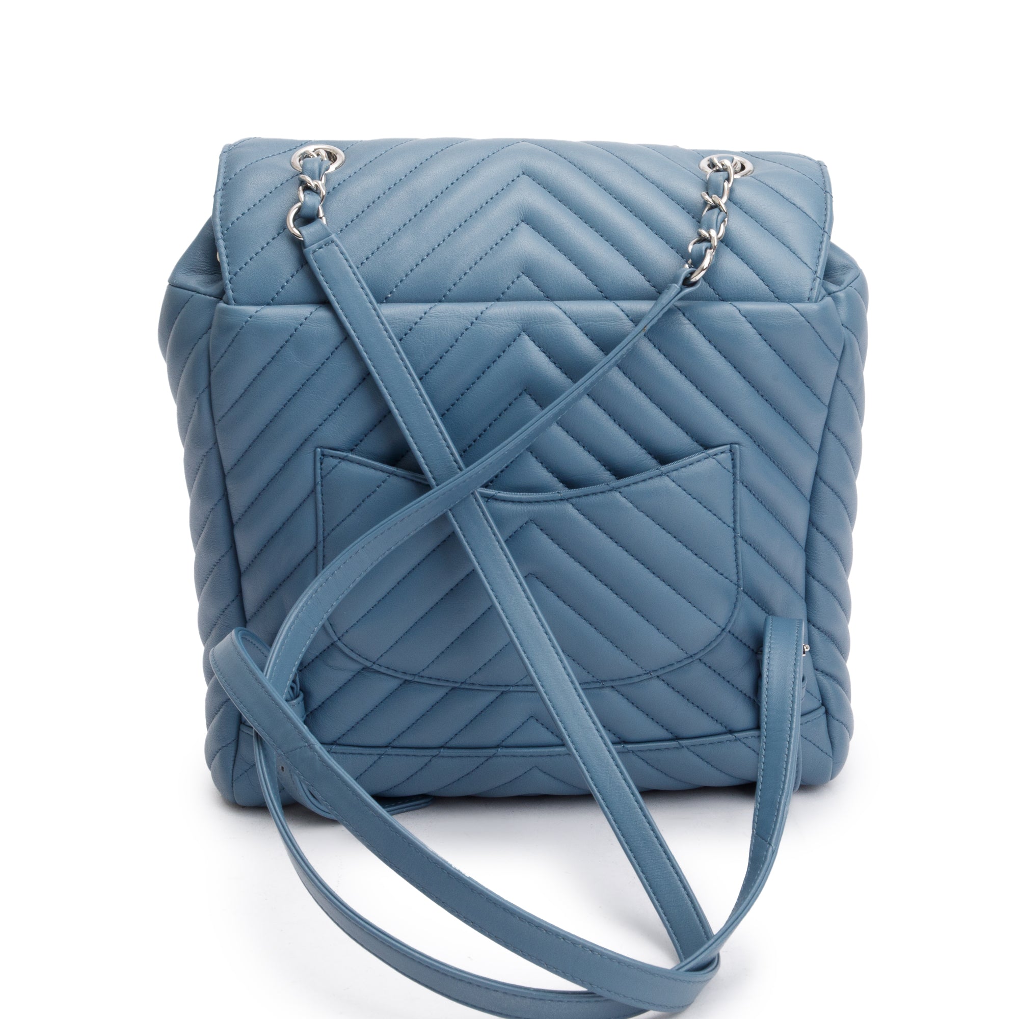 Chanel Blue Chevron Quilted Lambskin Leather Small Urban Spirit Backpack w/ Authenticity Card