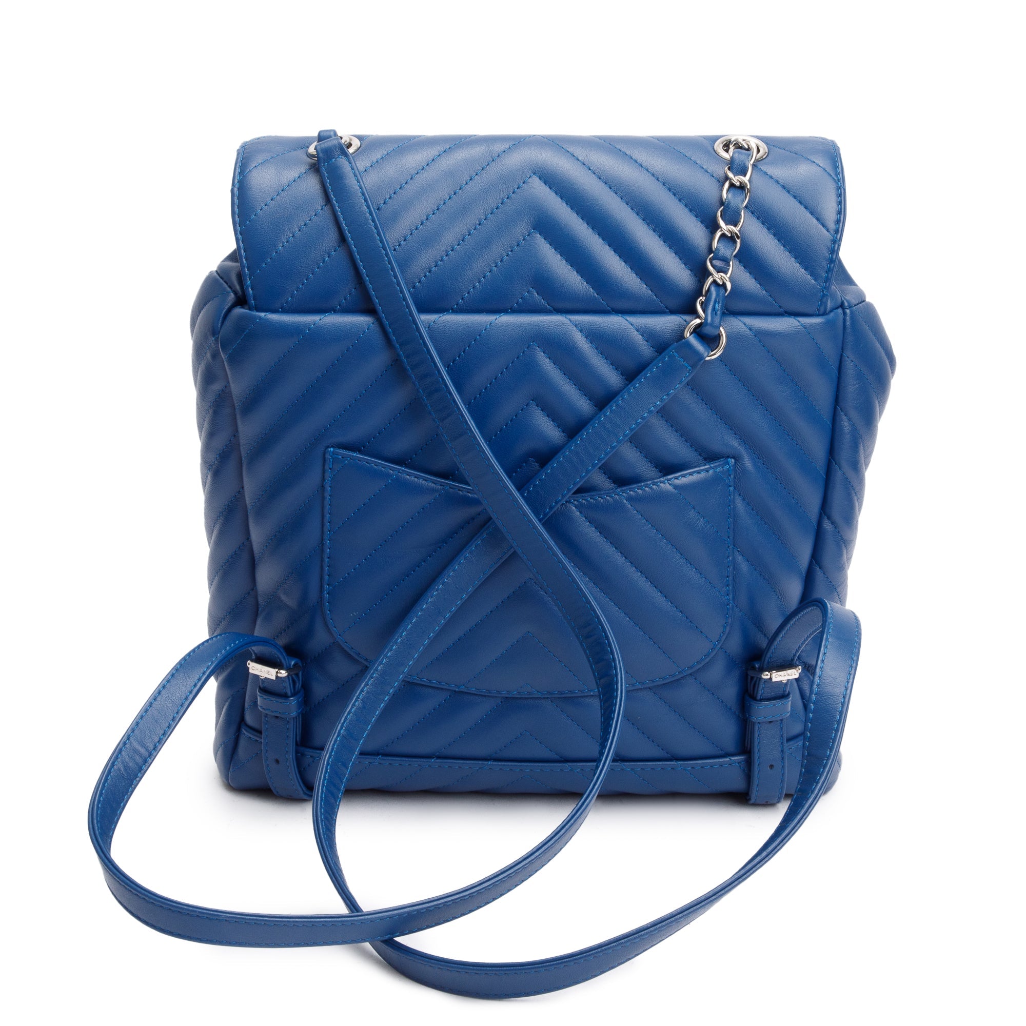 Chanel Blue Chevron Quilted Lambskin Leather Small Urban Spirit Backpack w/ Authenticity Card