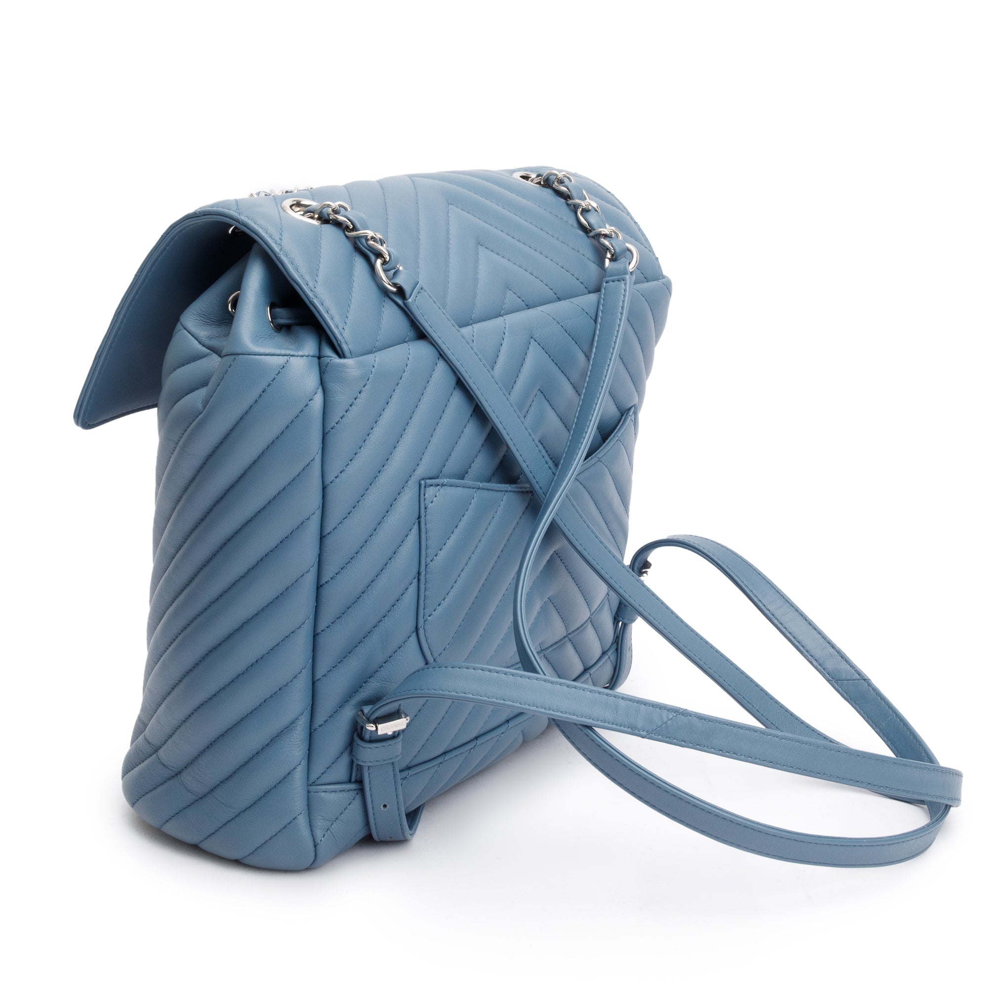 Chanel Blue Chevron Quilted Lambskin Leather Small Urban Spirit Backpack w/ Authenticity Card