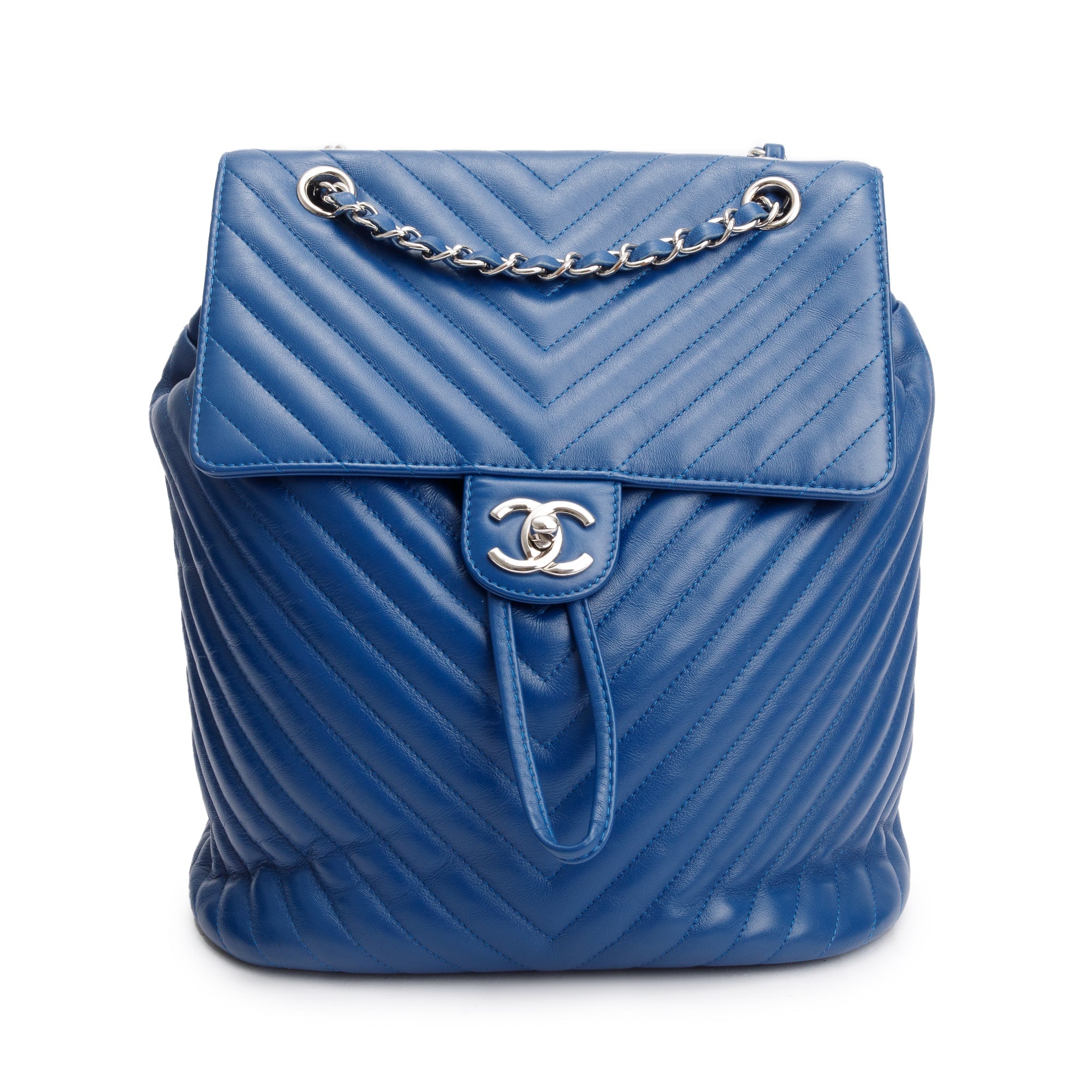 Chanel Blue Chevron Quilted Lambskin Leather Small Urban Spirit Backpack w/ Authenticity Card