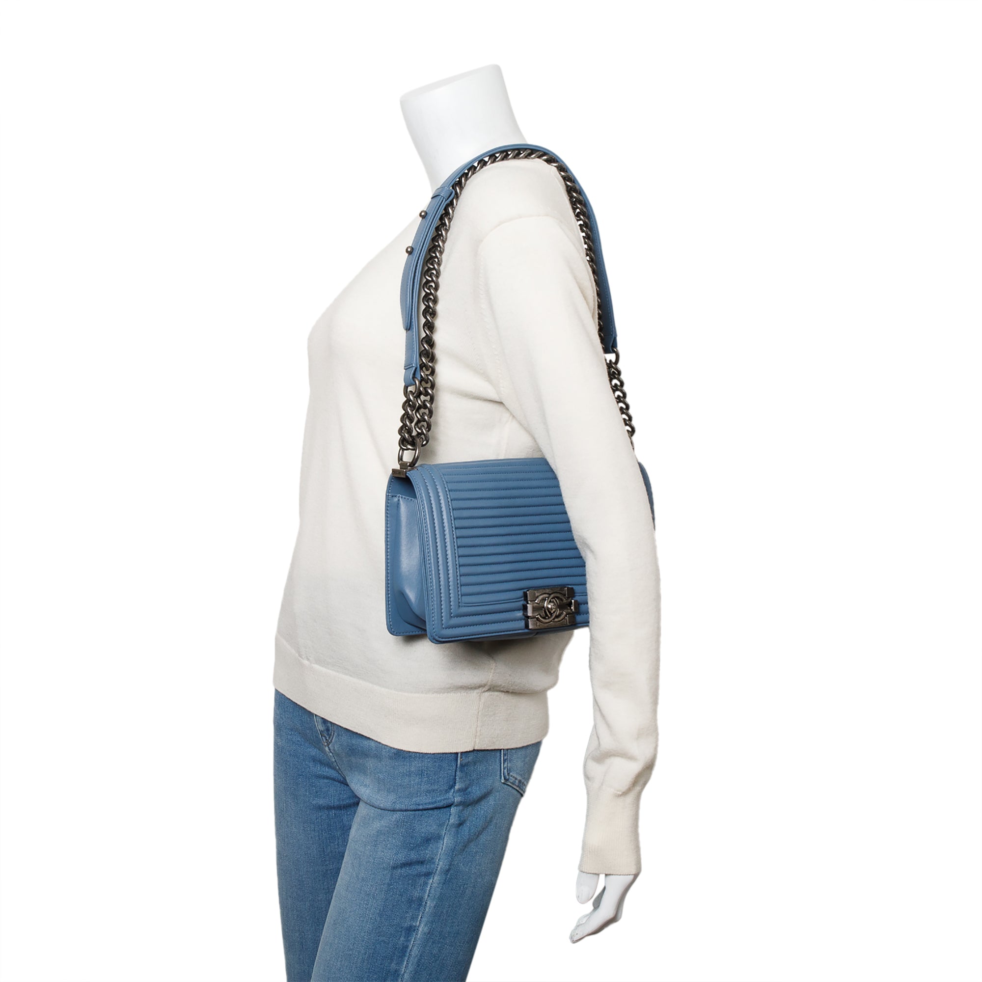 Chanel Blue Horizontal Quilted Lambskin Leather Medium Boy Bag w/ Box & Authenticity Card