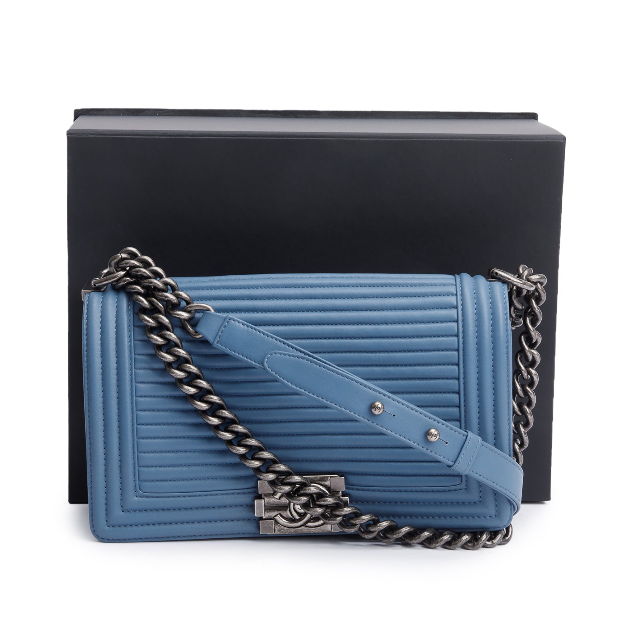 Chanel Blue Horizontal Quilted Lambskin Leather Medium Boy Bag w/ Box & Authenticity Card