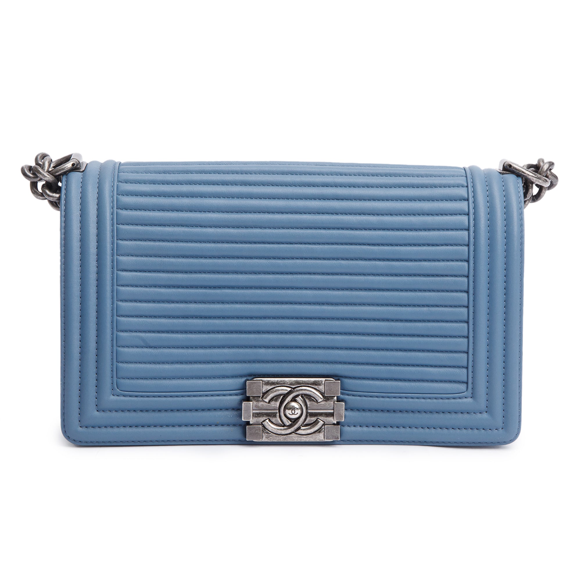 Chanel Blue Horizontal Quilted Lambskin Leather Medium Boy Bag w/ Box & Authenticity Card