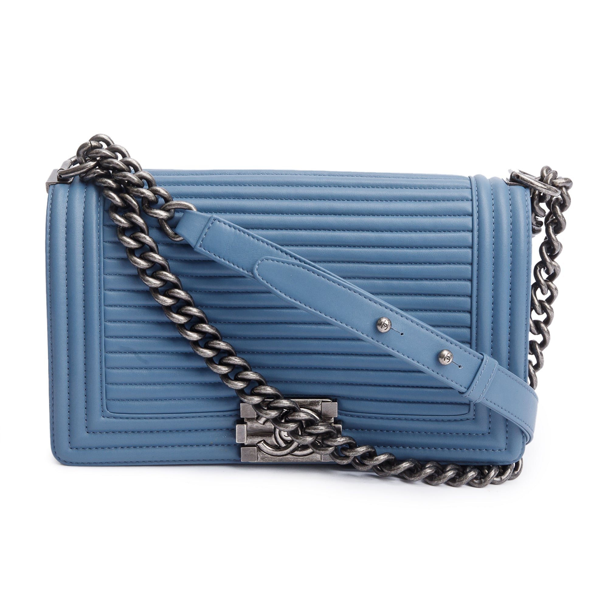 Chanel Blue Horizontal Quilted Lambskin Leather Medium Boy Bag w/ Box & Authenticity Card