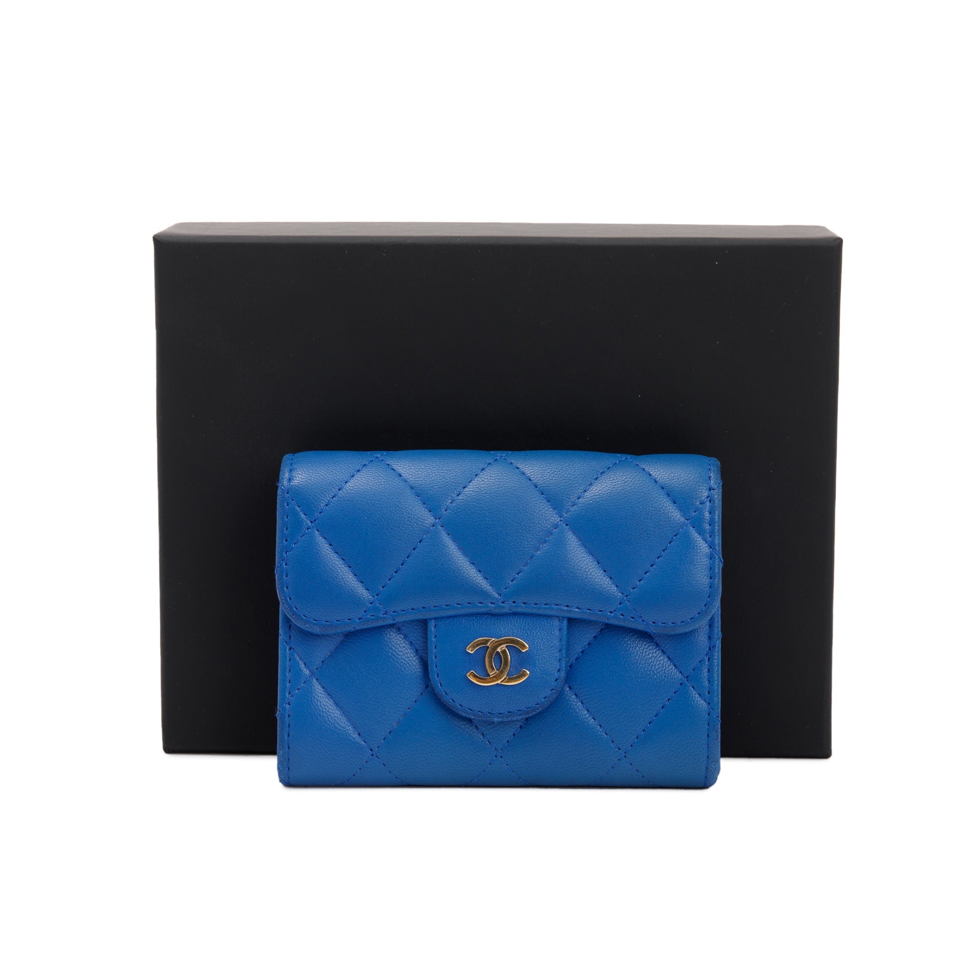 Chanel Blue Lambskin Leather Classic Flap Card Holder w/ Box, Authenticity Card & Receipt