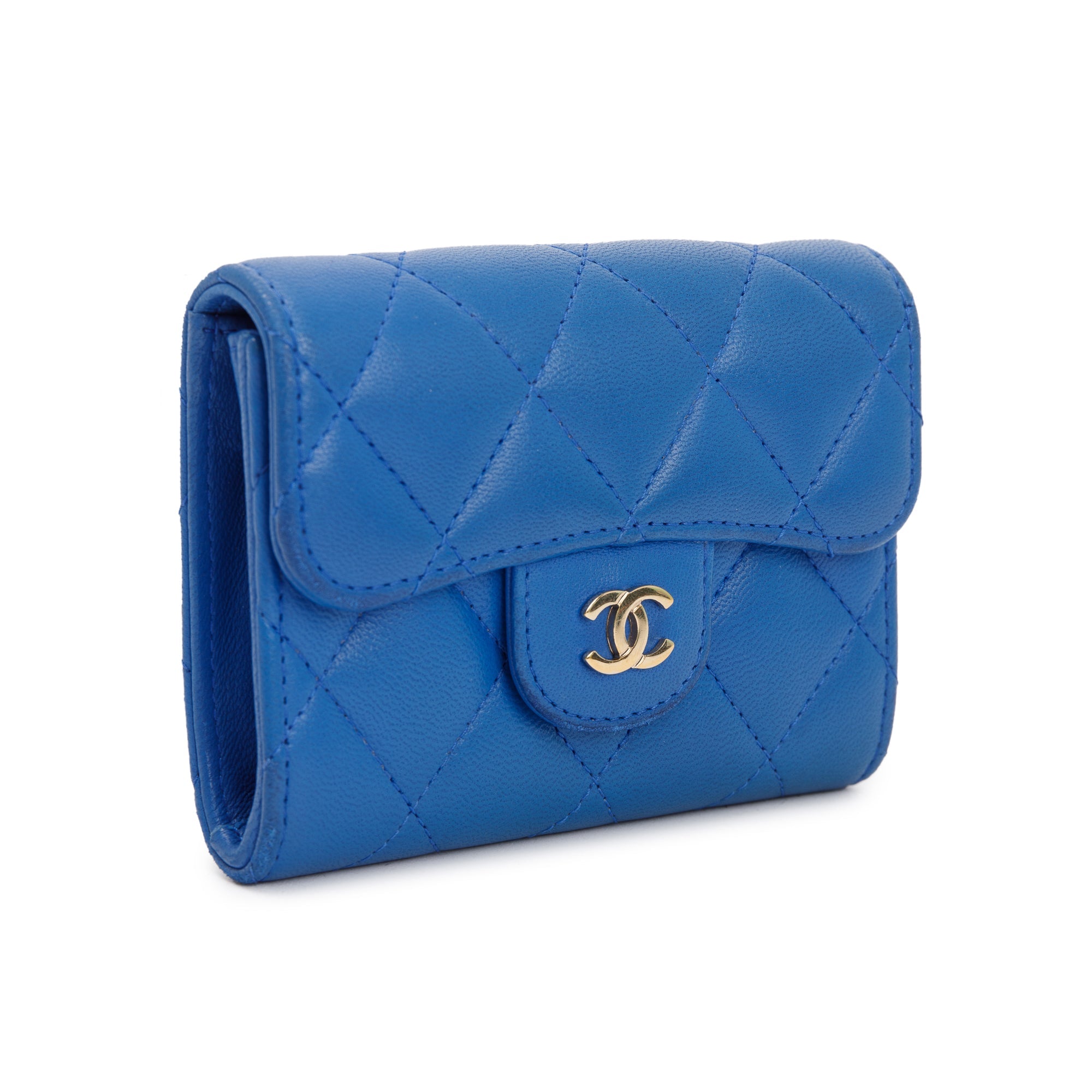 Chanel Blue Lambskin Leather Classic Flap Card Holder w/ Box, Authenticity Card & Receipt