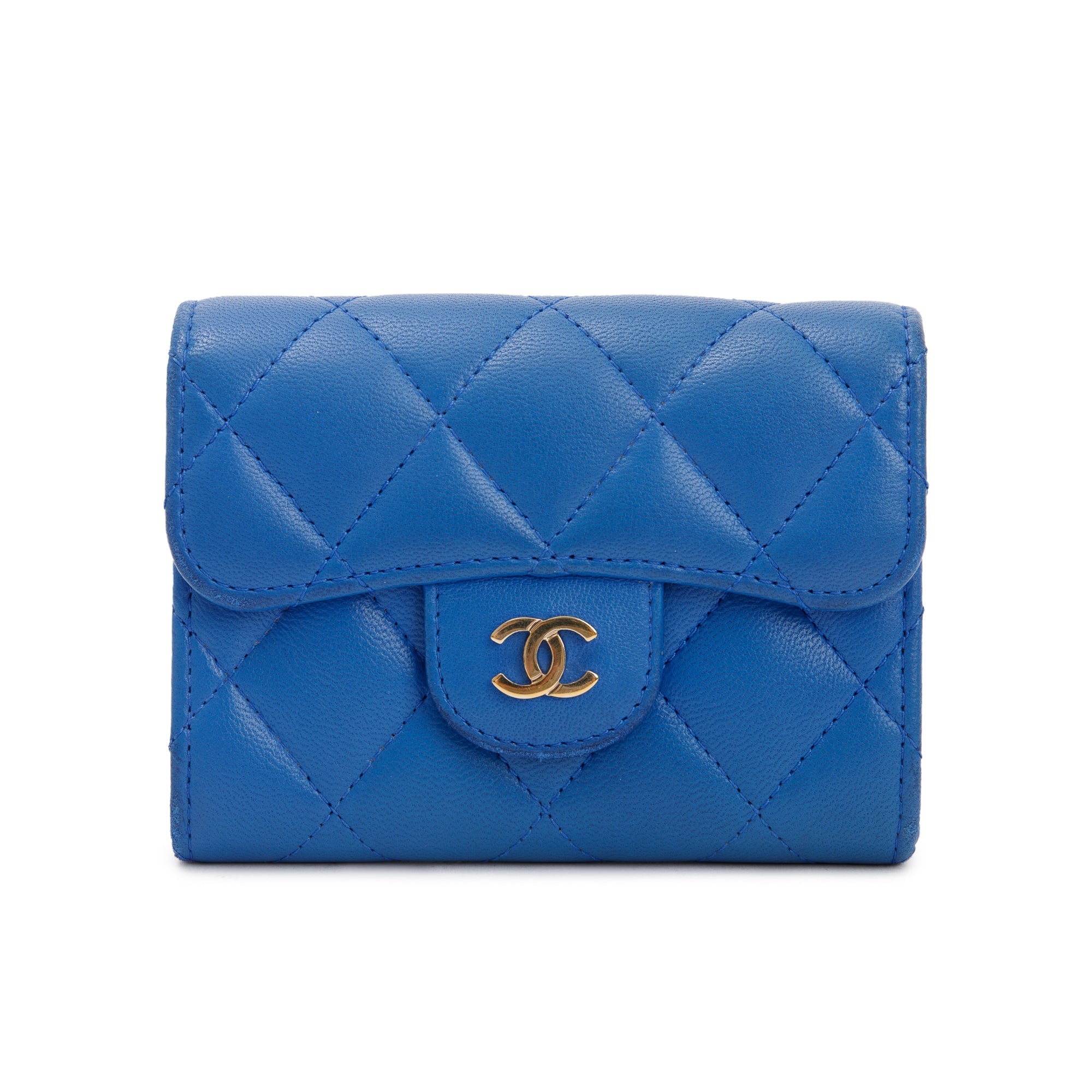 Chanel Blue Lambskin Leather Classic Flap Card Holder w/ Box, Authenticity Card & Receipt