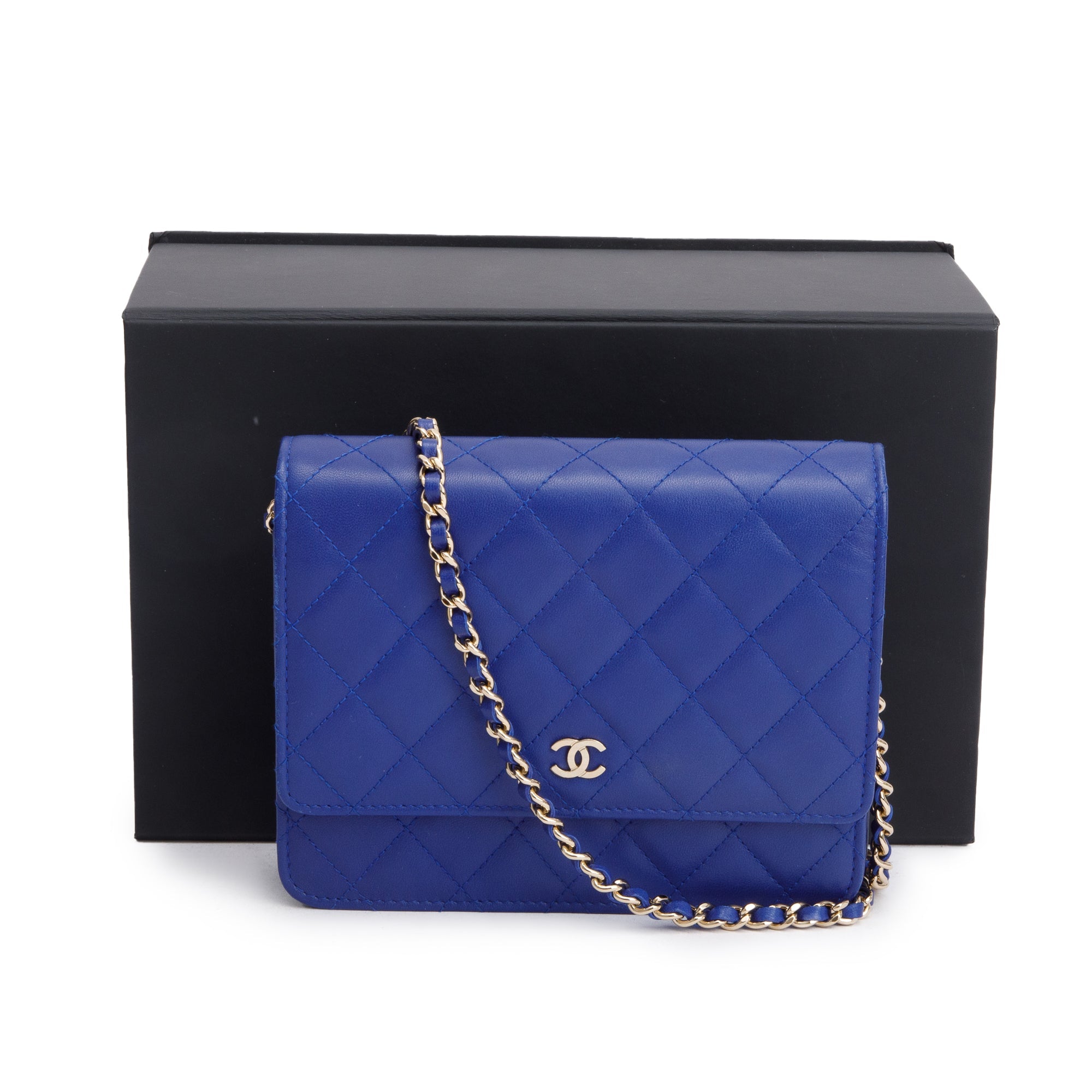 Chanel Blue Lambskin Quilted Square Wallet on Chain w/ Box & Authenticity Card