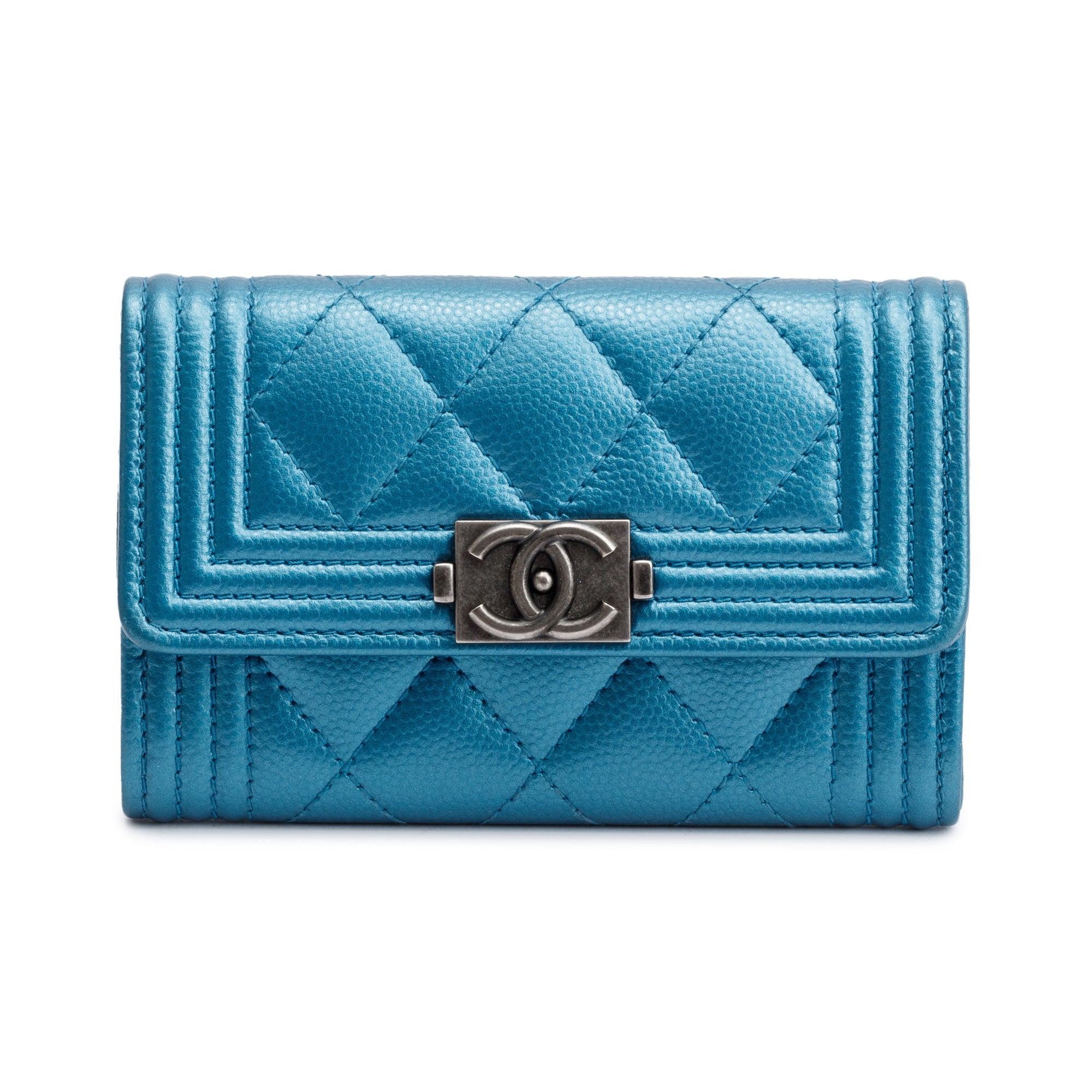Chanel Blue Metallic Caviar Boy Flap Card Holder w/ Authenticity Card