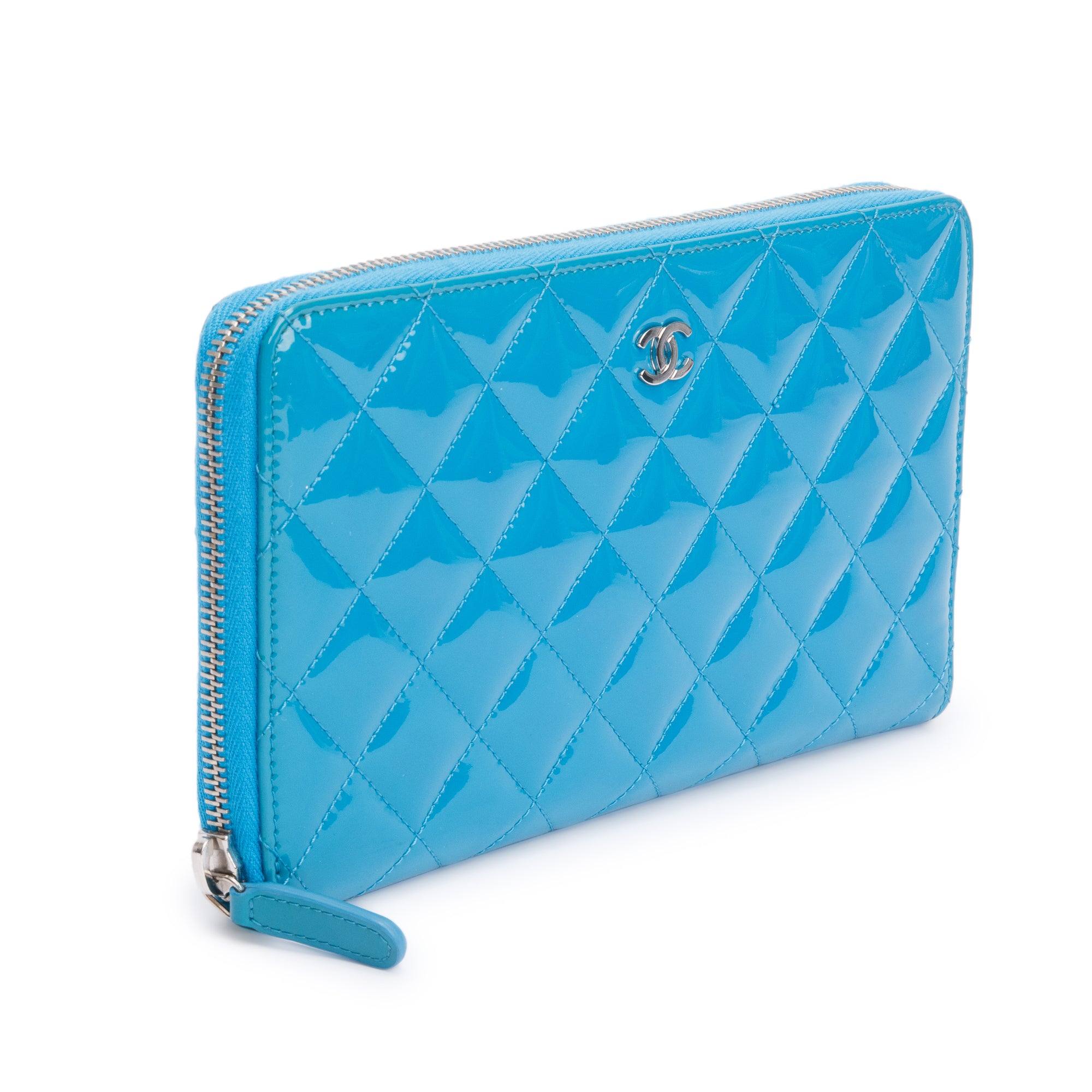 Chanel Blue Patent Leather Large Zip Around Organizer Wallet w/ Box & Authenticity Card