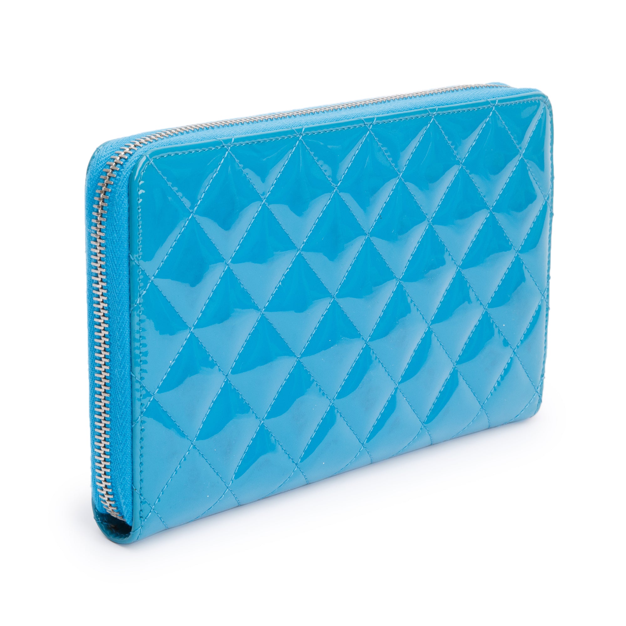 Chanel Blue Patent Leather Large Zip Around Organizer Wallet w/ Box & Authenticity Card