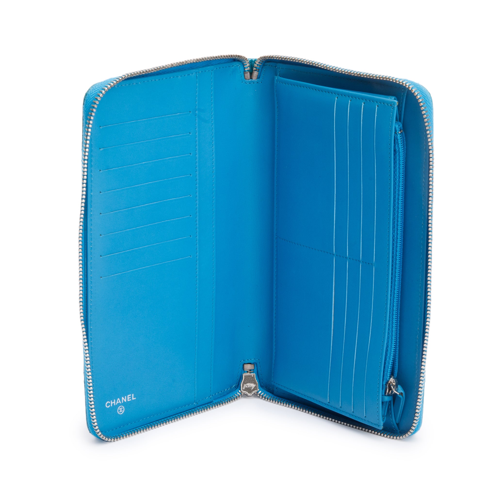 Chanel Blue Patent Leather Large Zip Around Organizer Wallet w/ Box & Authenticity Card