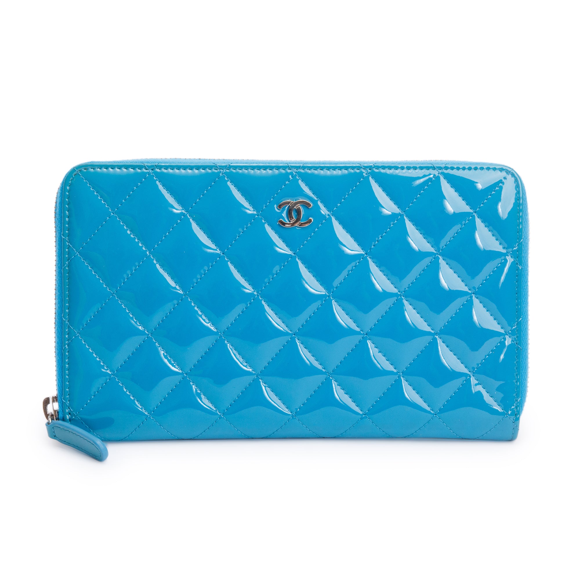 Chanel Blue Patent Leather Large Zip Around Organizer Wallet w/ Box & Authenticity Card