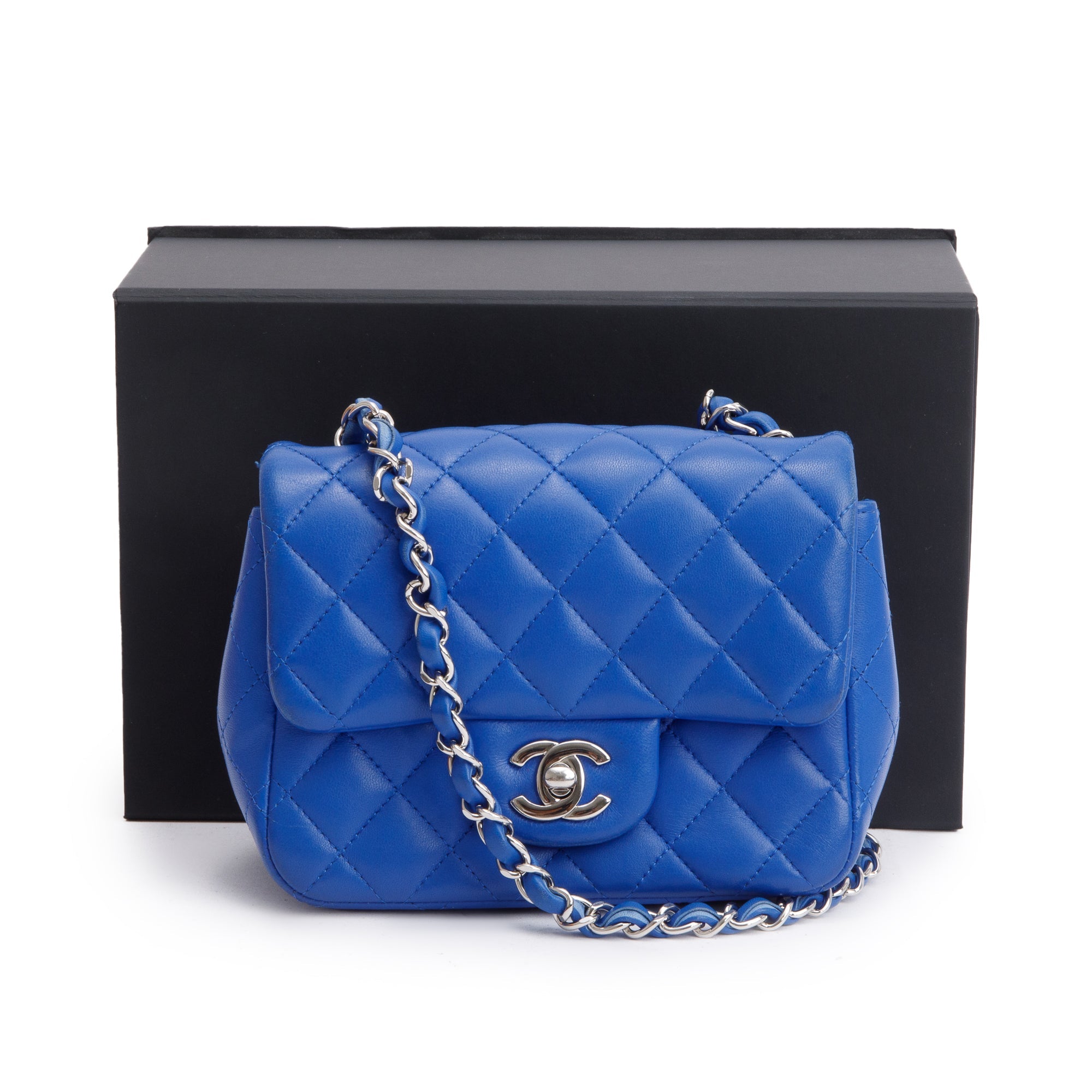Chanel Blue Quilted Lambskin Leather Classic Square Mini Flap Bag w/ Box, Authenticity Card