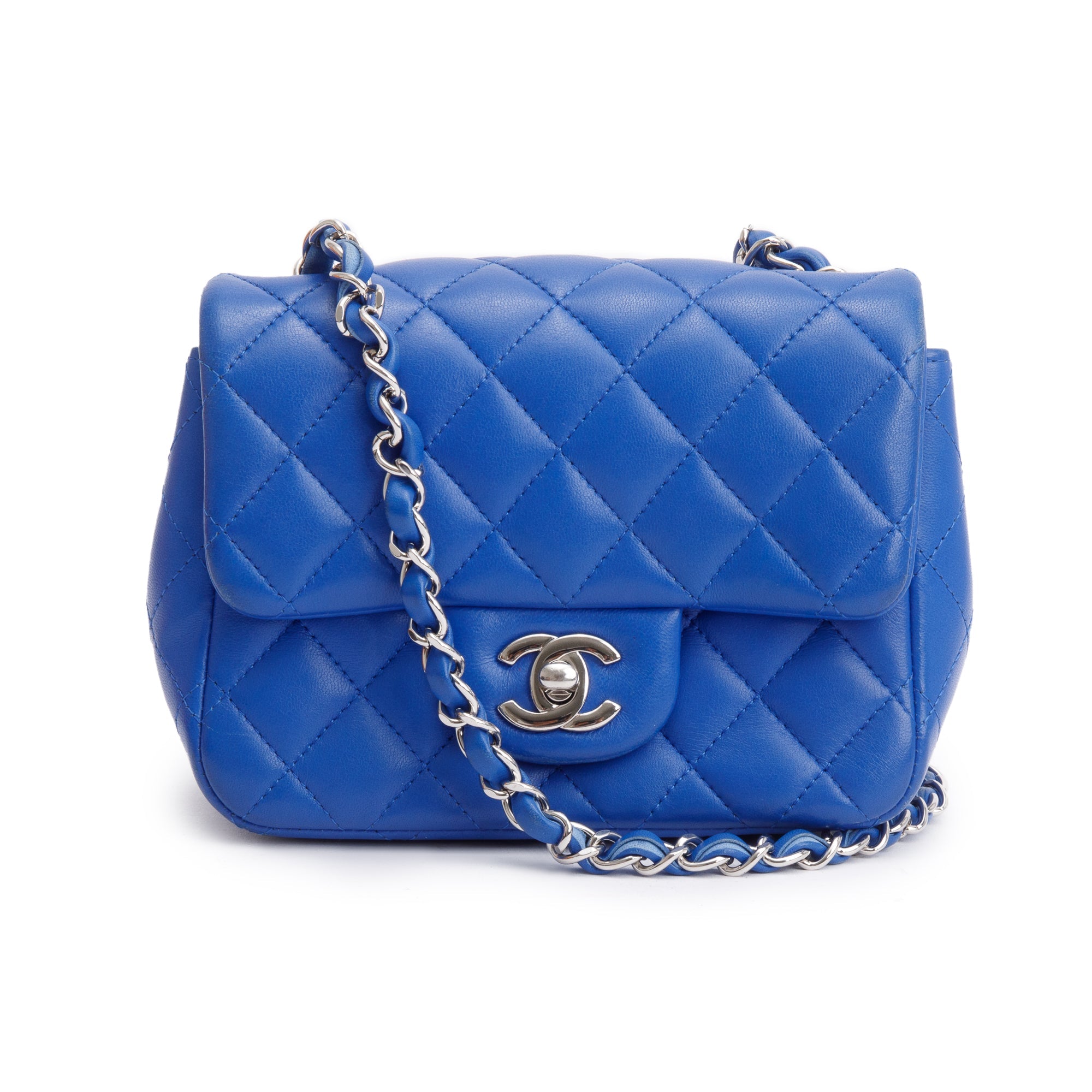 Chanel Blue Quilted Lambskin Leather Classic Square Mini Flap Bag w/ Box, Authenticity Card