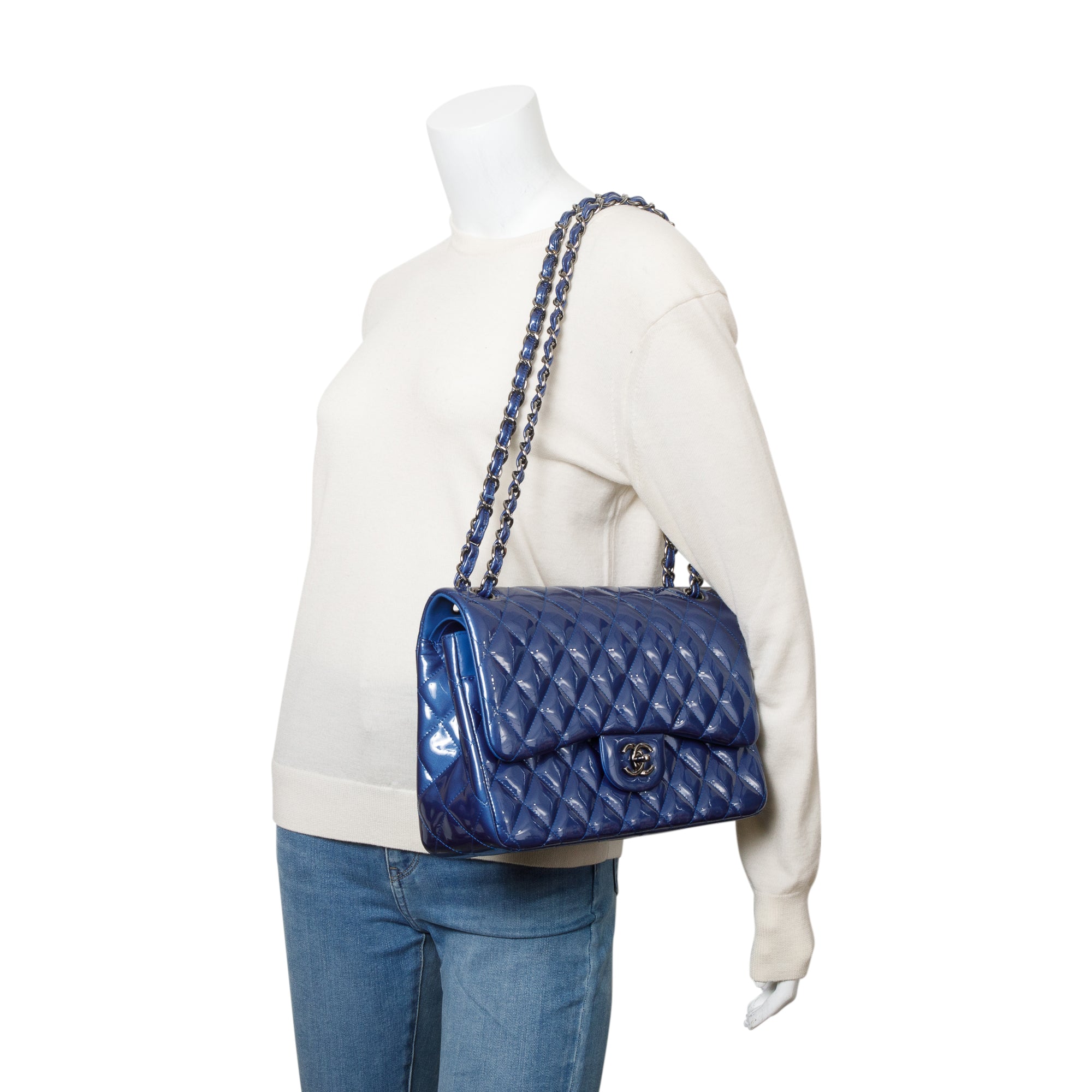 Chanel Blue Quilted Patent Leather Classic Jumbo Double Flap Bag w/ Authenticity Card