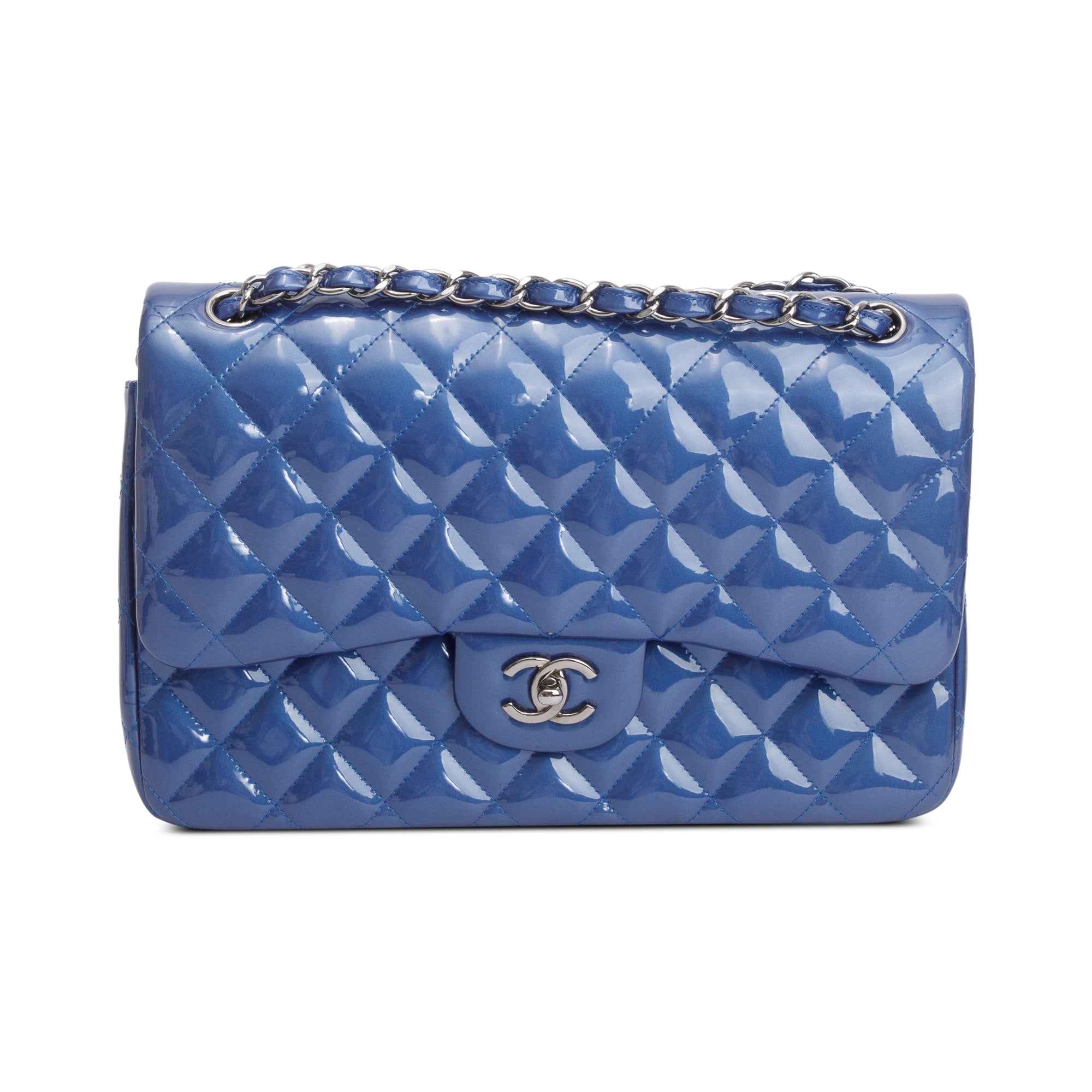 Chanel Blue Quilted Patent Leather Classic Jumbo Double Flap Bag w/ Authenticity Card