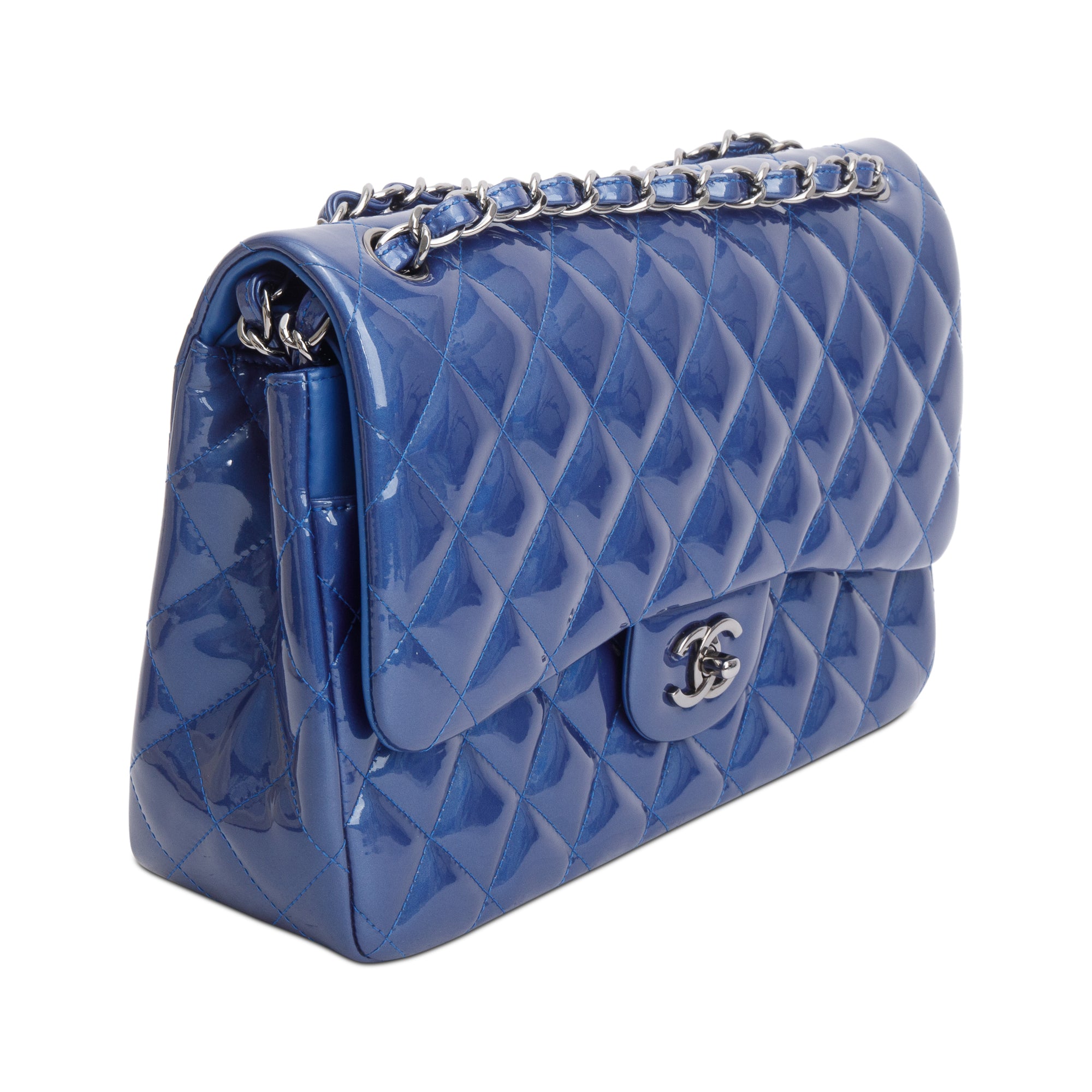 Chanel Blue Quilted Patent Leather Classic Jumbo Double Flap Bag w/ Authenticity Card