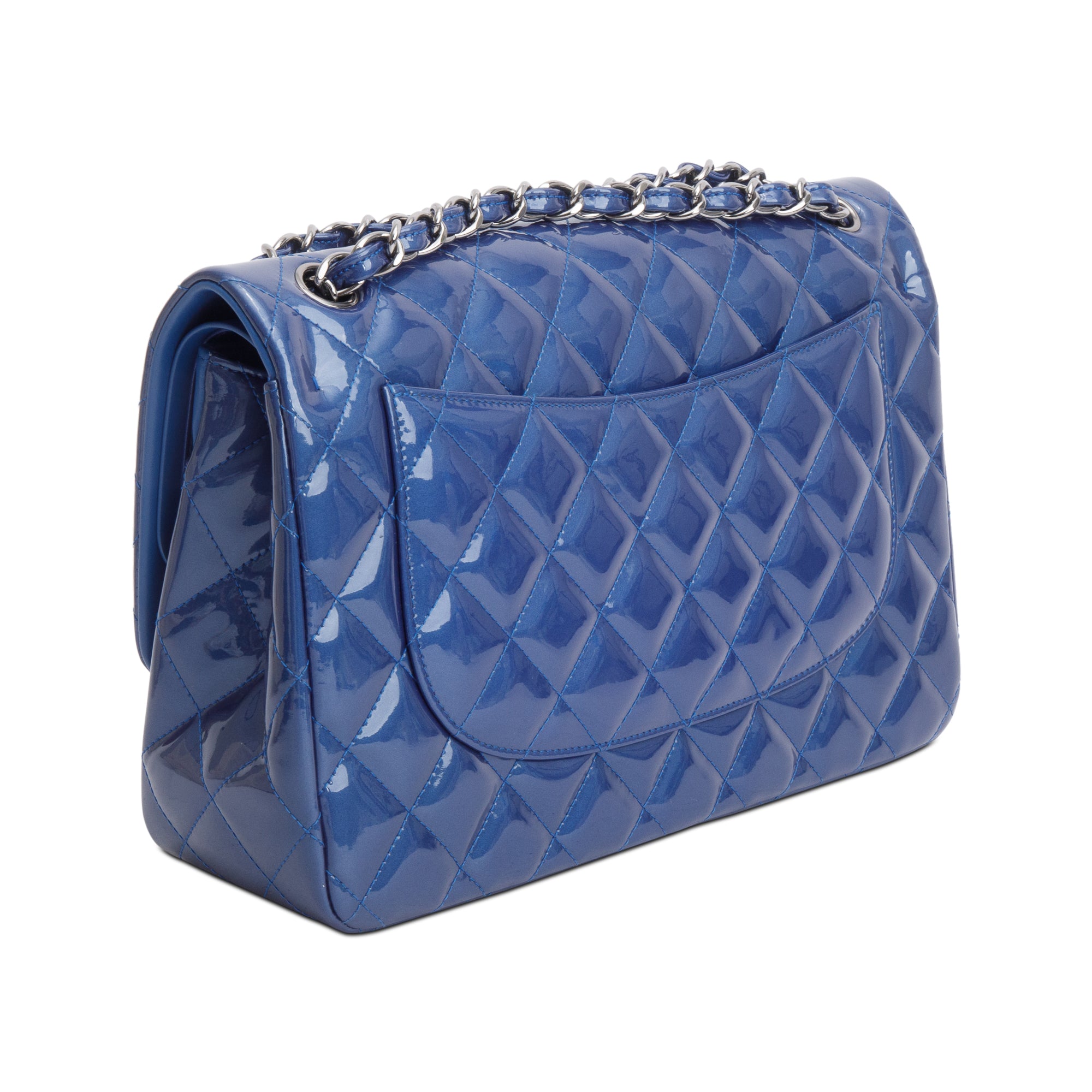 Chanel Blue Quilted Patent Leather Classic Jumbo Double Flap Bag w/ Authenticity Card