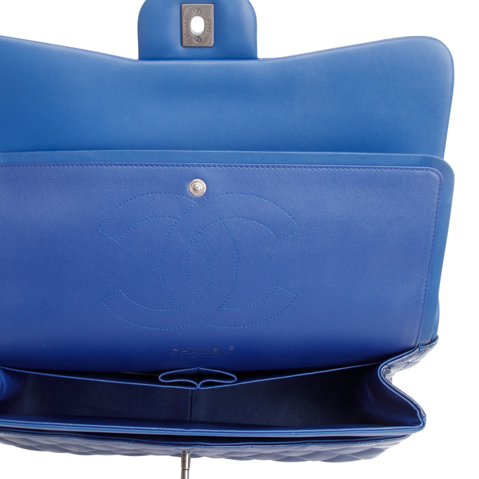 Chanel Blue Quilted Patent Leather Classic Jumbo Double Flap Bag w/ Authenticity Card