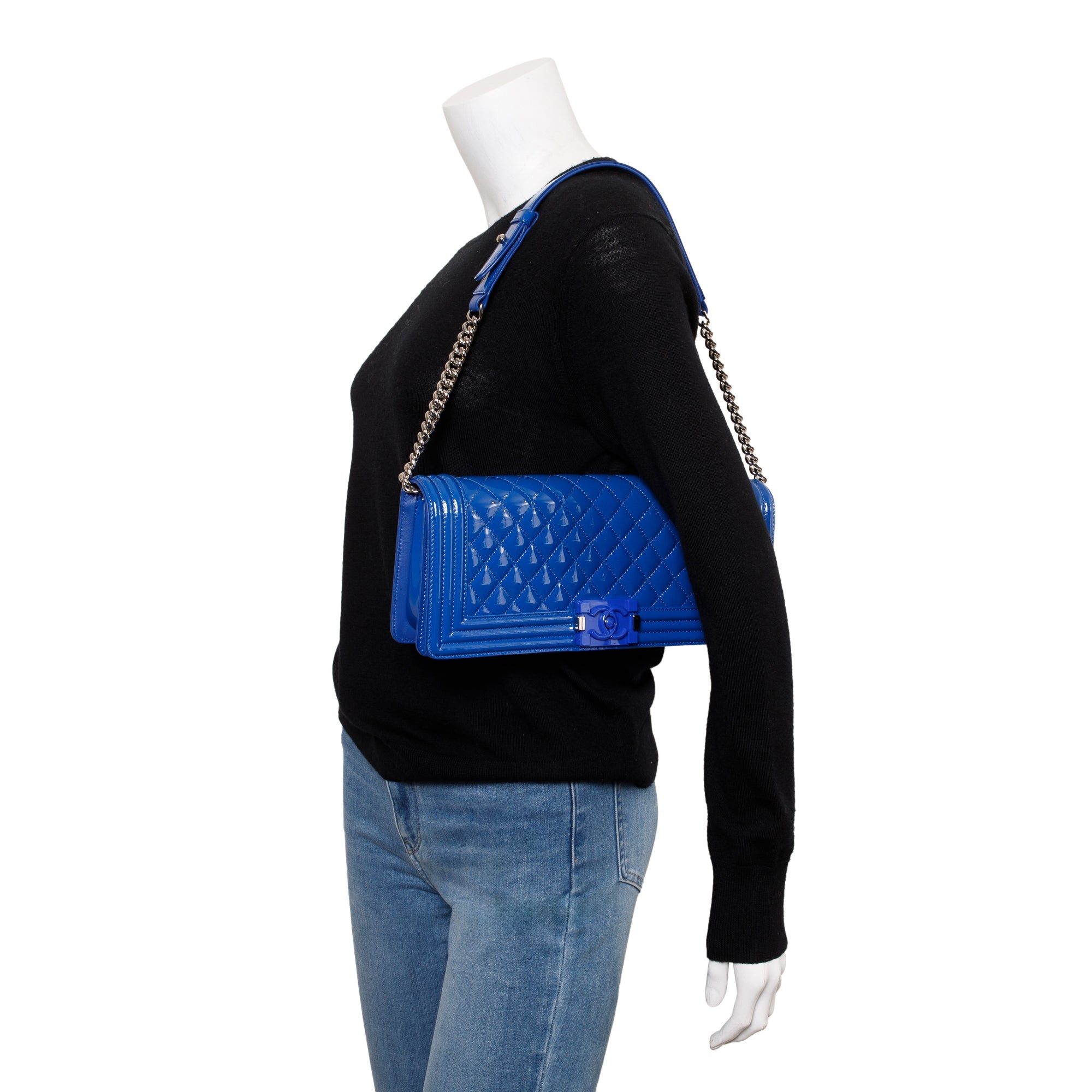 Chanel Blue Quilted Patent Leather Plexiglass Boy Convertible Bag w/ Authenticity Card