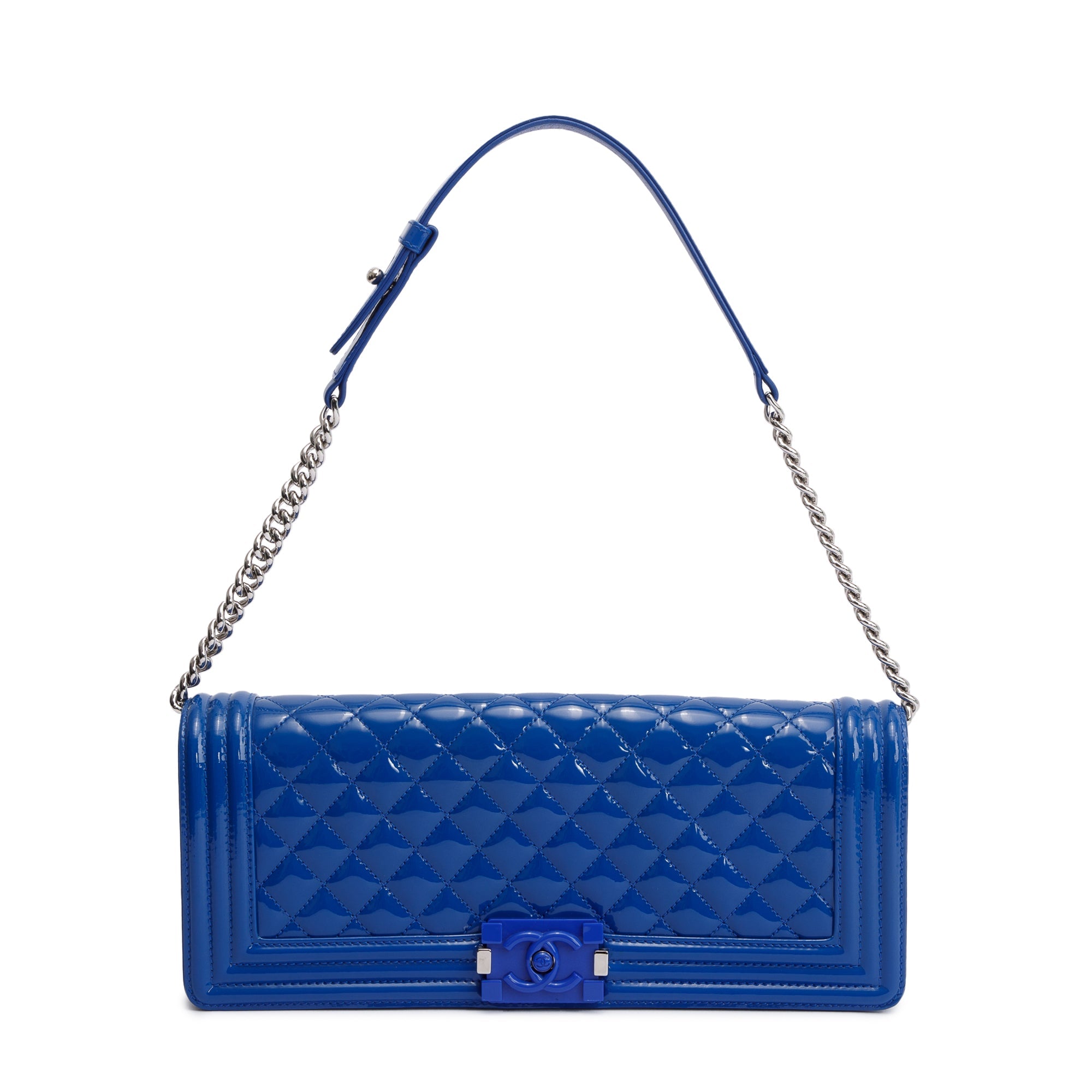 Chanel Blue Quilted Patent Leather Plexiglass Boy Convertible Bag w/ Authenticity Card