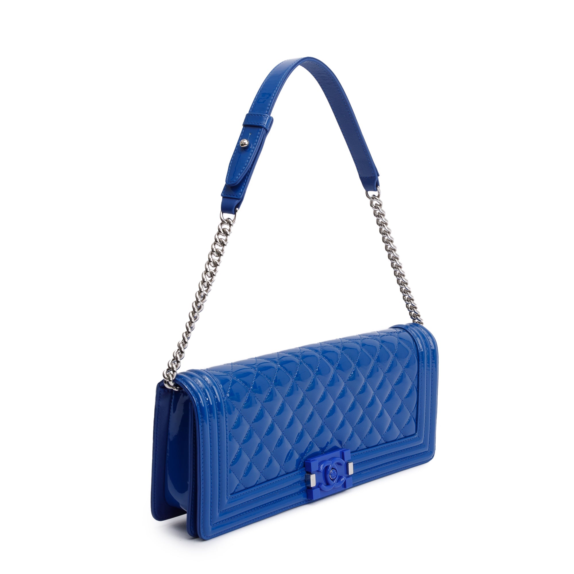 Chanel Blue Quilted Patent Leather Plexiglass Boy Convertible Bag w/ Authenticity Card